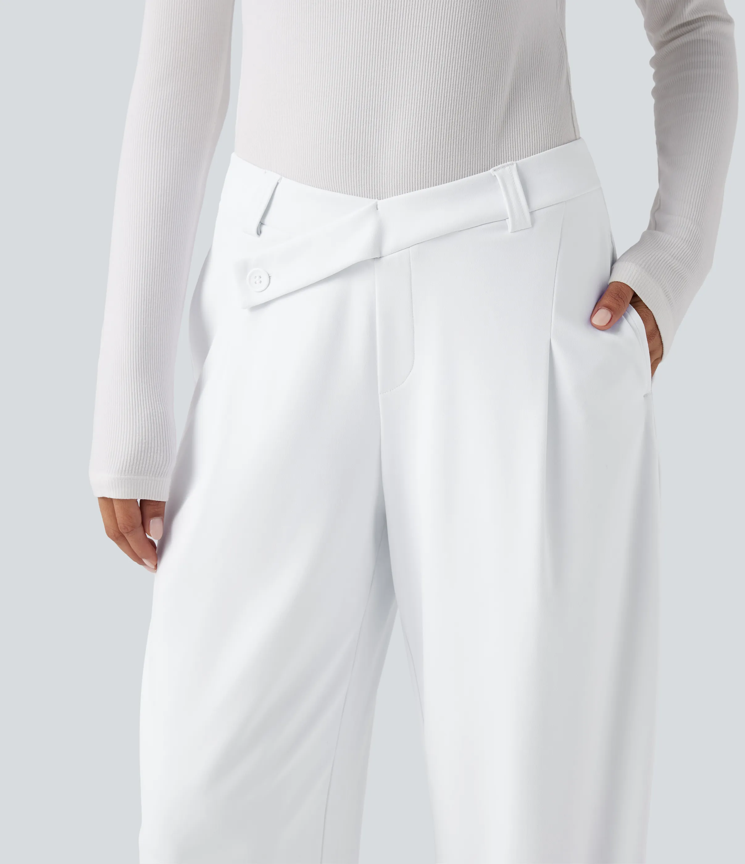 Halara Pantalones casuales asimétricos de tiro medio y cintura estrecha con bolsillos - White - L(regular) sold by Halara product image thumbnail 5
