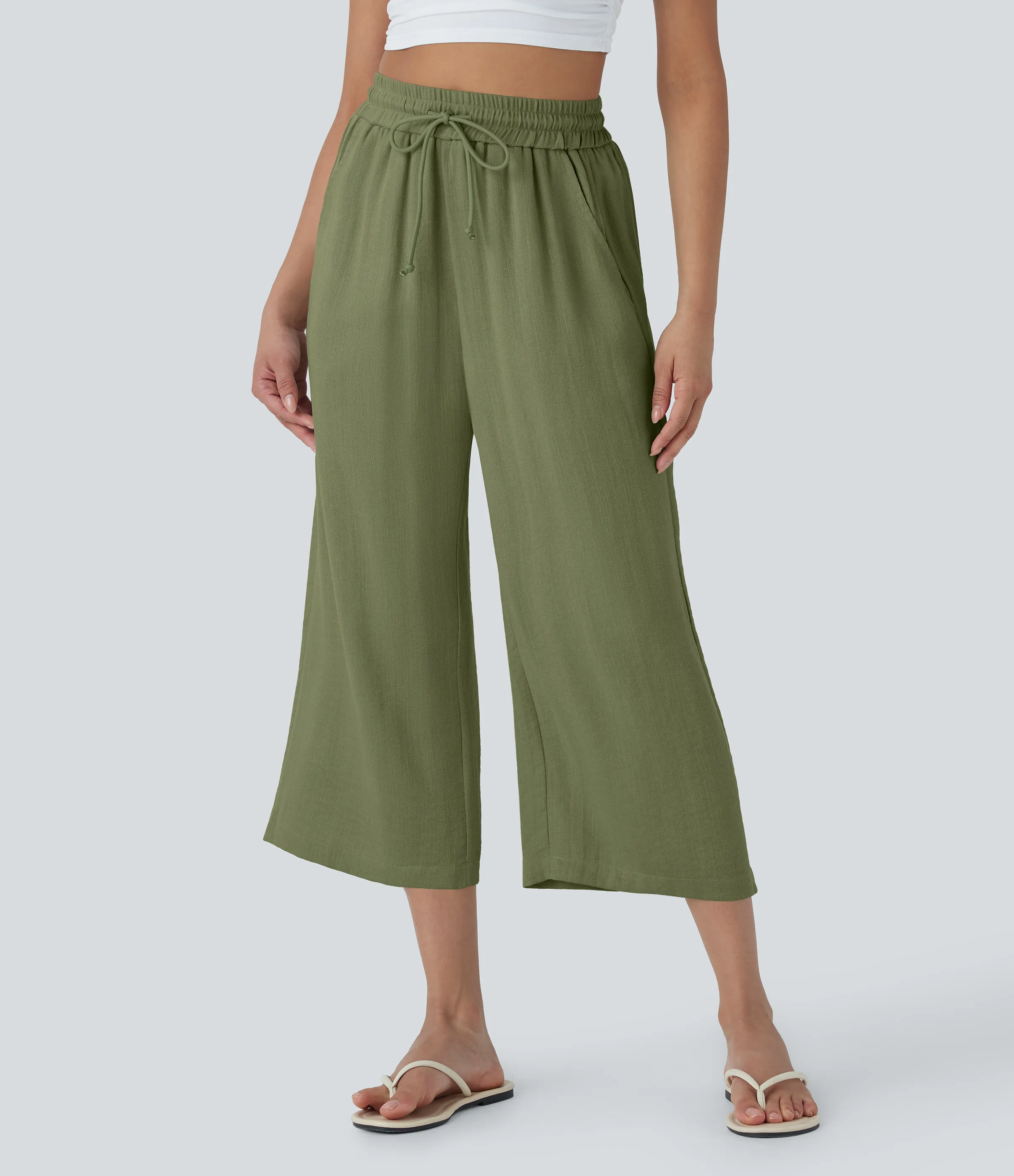 Halara Pantalón lino tiro alto cordón ajustable pierna ancha bolsillo lateral - Loden Green - S(regular) sold by Halara product image thumbnail 2