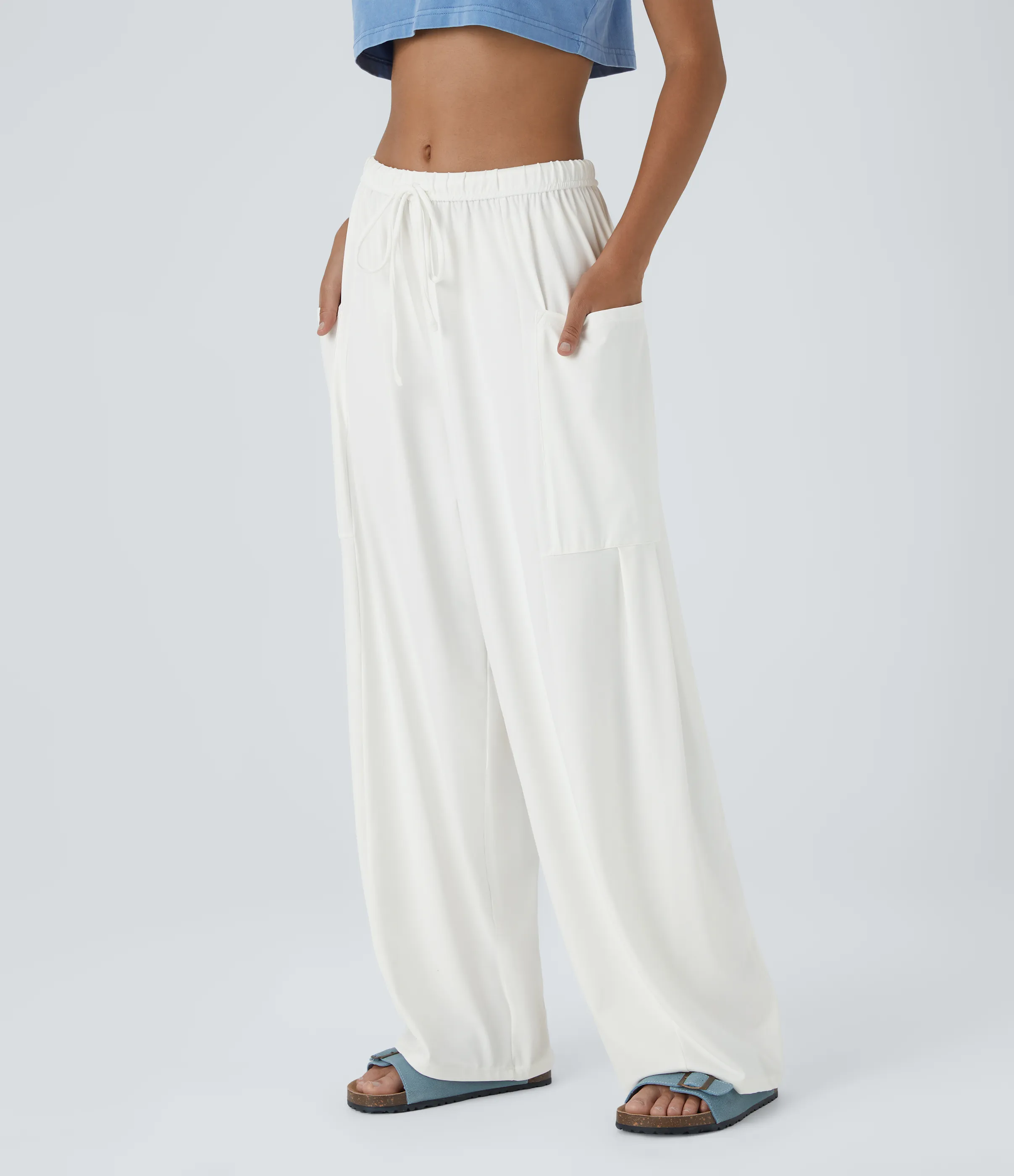 Halara Pantalón pierna ancha fluido palazzo bolsillo lateral cordón ajustable cintura elástica tiro medio - White - XS(regular) sold by Halara product image thumbnail 2