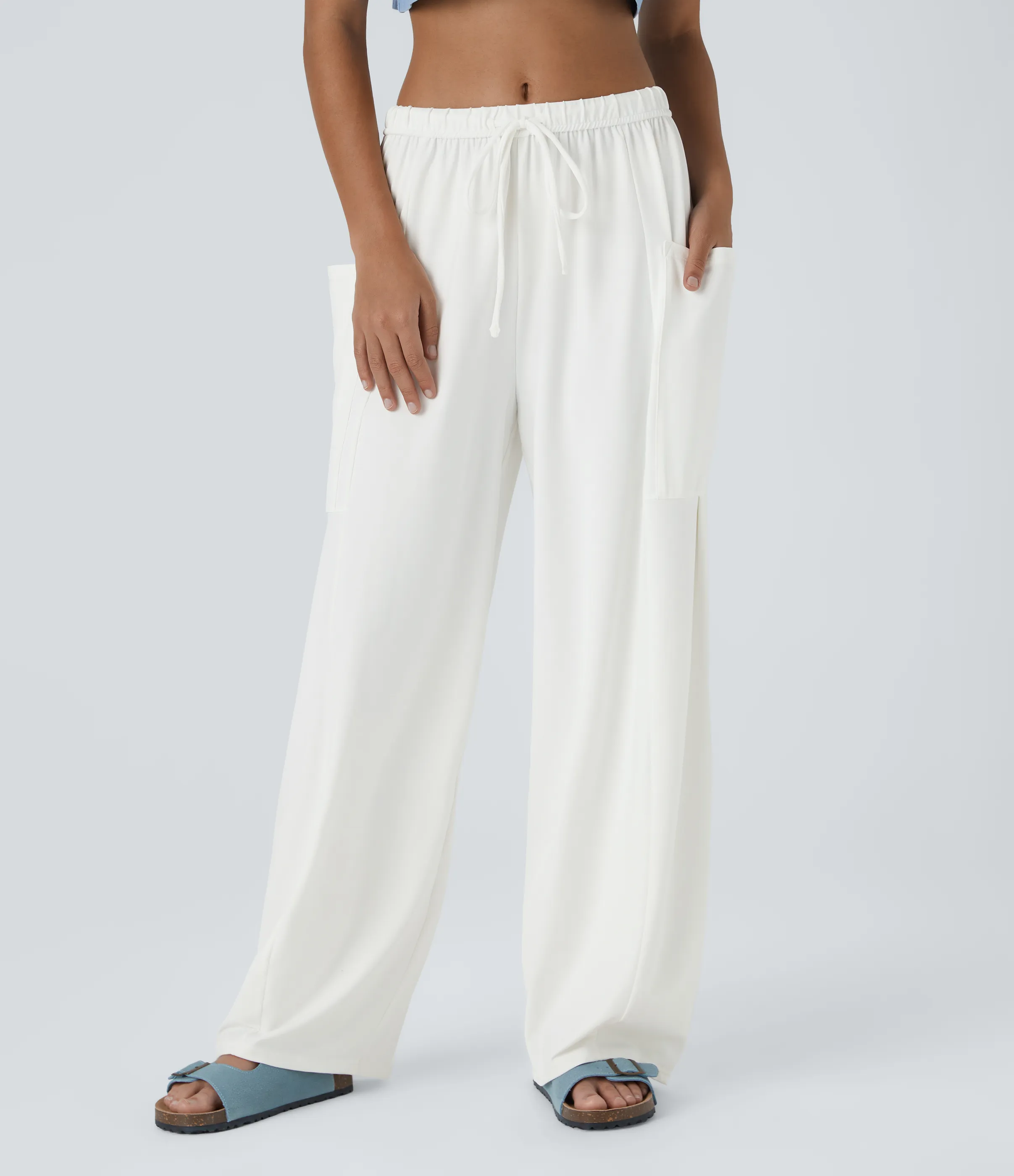 Halara Pantalón pierna ancha fluido palazzo bolsillo lateral cordón ajustable cintura elástica tiro medio - White - XS(regular) sold by Halara product image thumbnail 4