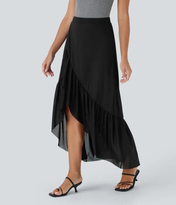 Halara Falda midi tiro alto dobladillo volante 2 en 1 bolsillo lateral malla fluida - Black - XS(regular) sold by Halara