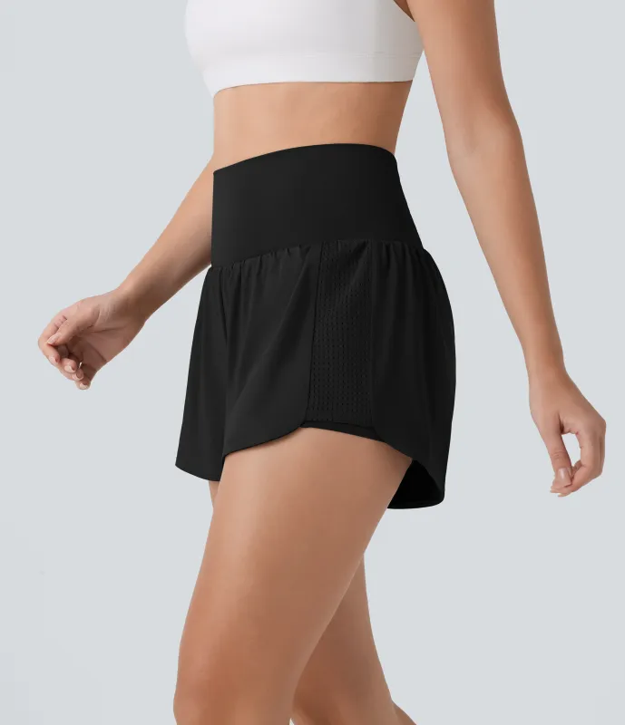 Halara Shorts yoga 2 en 1 tiro alto malla contrastante bolsillo trasero bolsillo lateral oculto 7.5cm - Black - L sold by Halara
