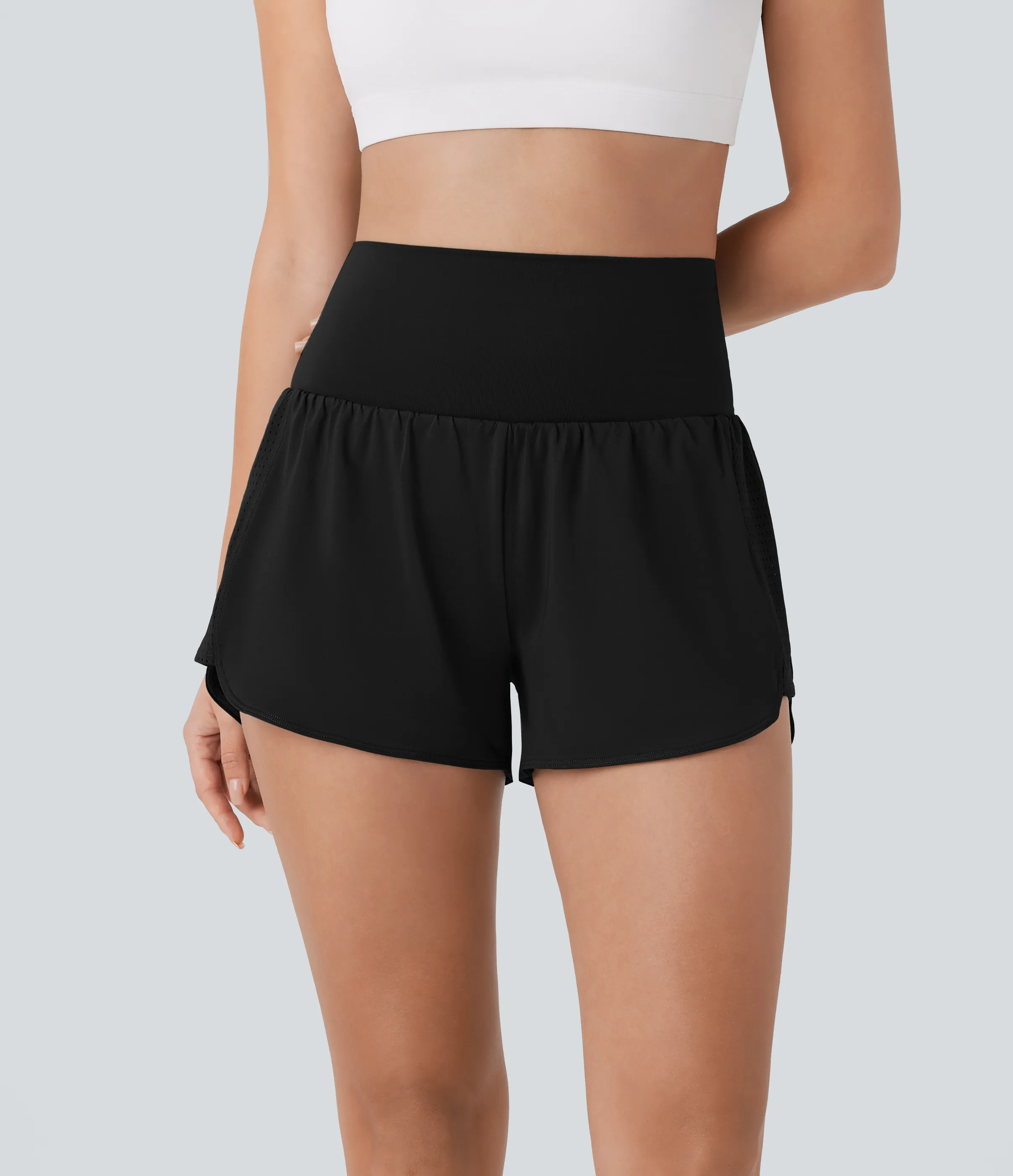 Halara Shorts yoga 2 en 1 tiro alto malla contrastante bolsillo trasero bolsillo lateral oculto 7.5cm - Black - L sold by Halara product image thumbnail 4