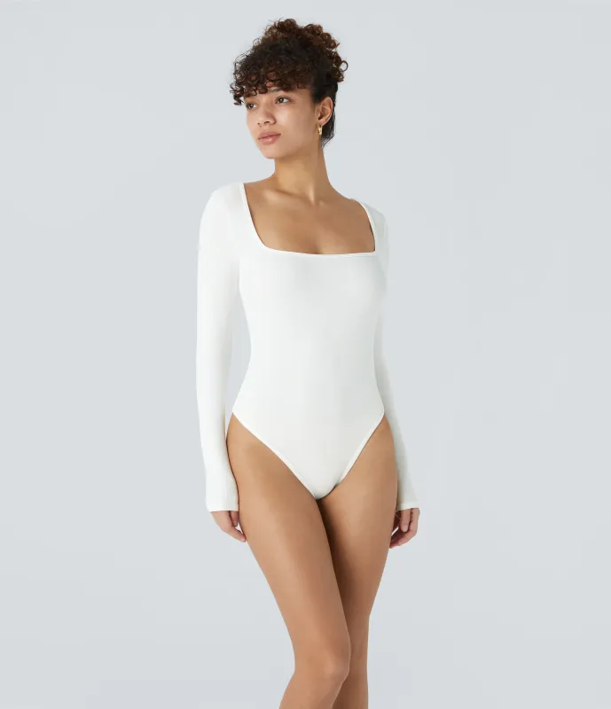 Halara Body oficina ajustado botón manga larga cuello cuadrado acanalado - White - XS made by Halara