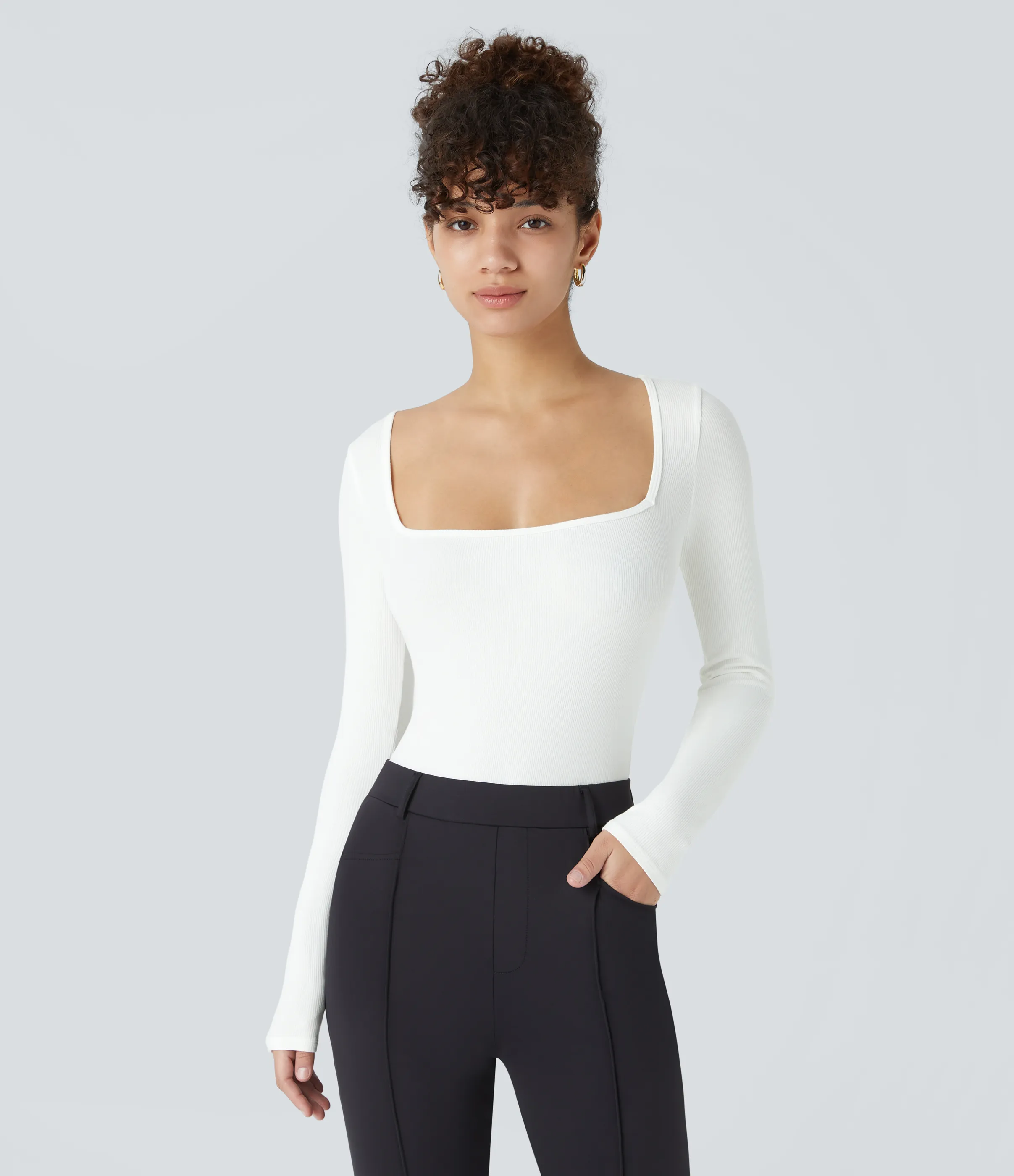 Halara Body oficina ajustado botón manga larga cuello cuadrado acanalado - White - XS sold by Halara product image thumbnail 3