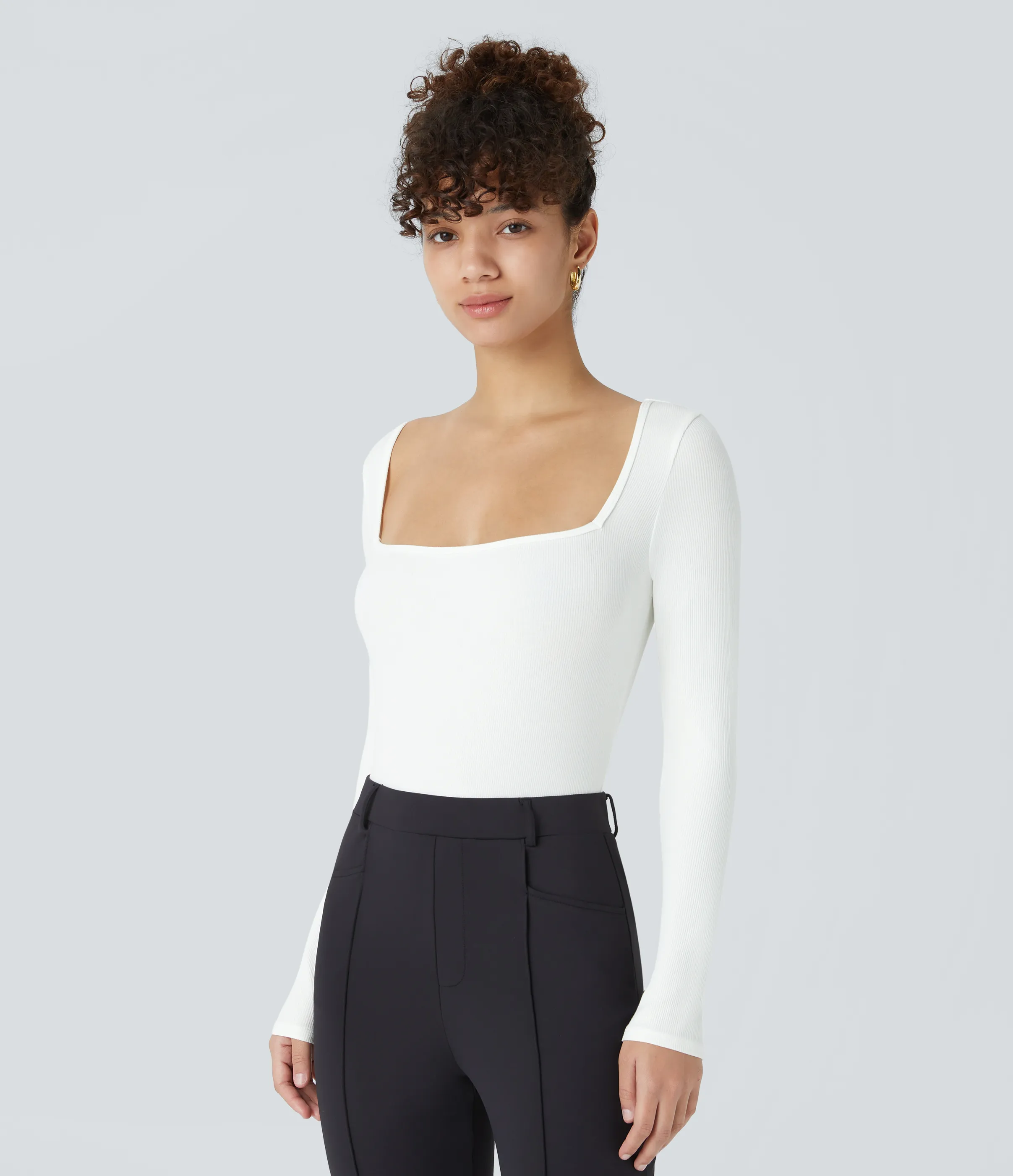 Halara Body oficina ajustado botón manga larga cuello cuadrado acanalado - White - XS sold by Halara product image thumbnail 5