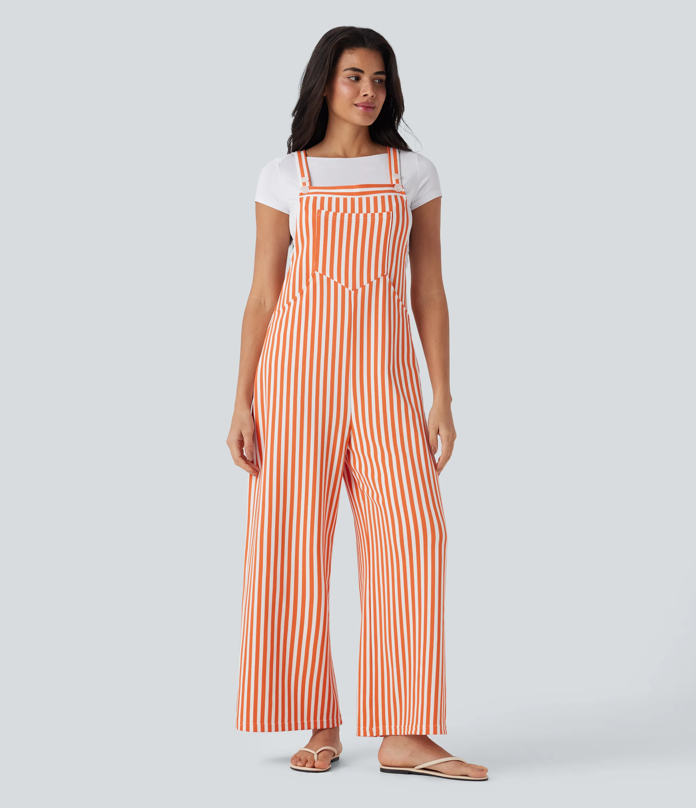 Halara Overol resort gofre raya múltiple bolsillo botón correa ajustable - Orange Stripe - L(regular) sold by Halara product image thumbnail 4
