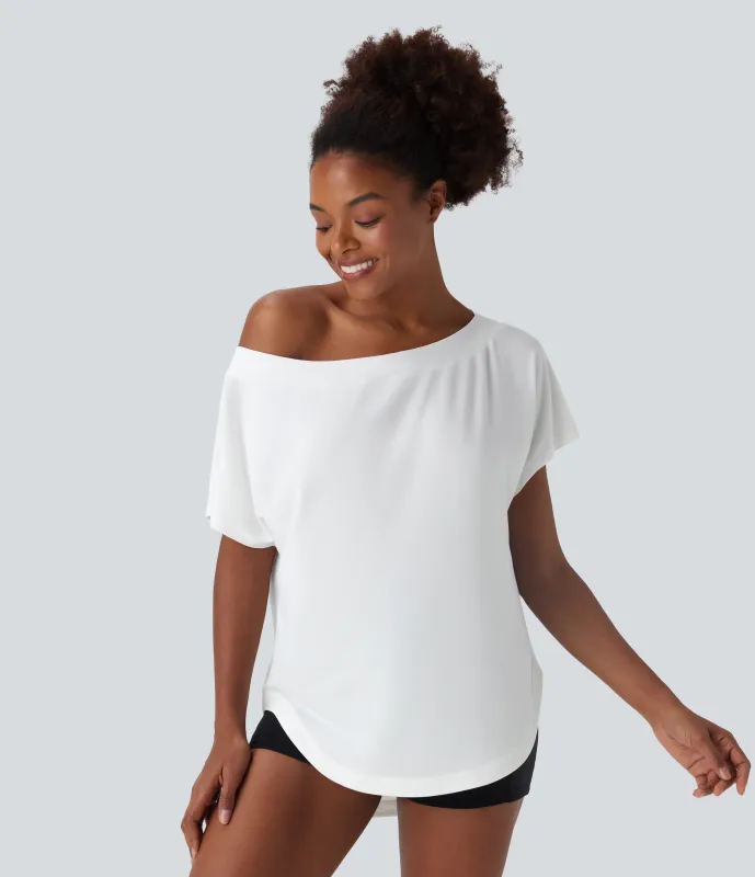 Halara Top deportivo de yoga de manga corta con secado rápido y hombro descubierto con dobladillo curvo - White - L sold by Halara