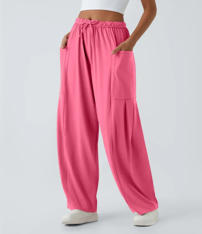 Halara Pantalón pierna ancha fluido palazzo bolsillo lateral cordón ajustable cintura elástica tiro medio - Camellia Rose - XL(tall) sold by Halara