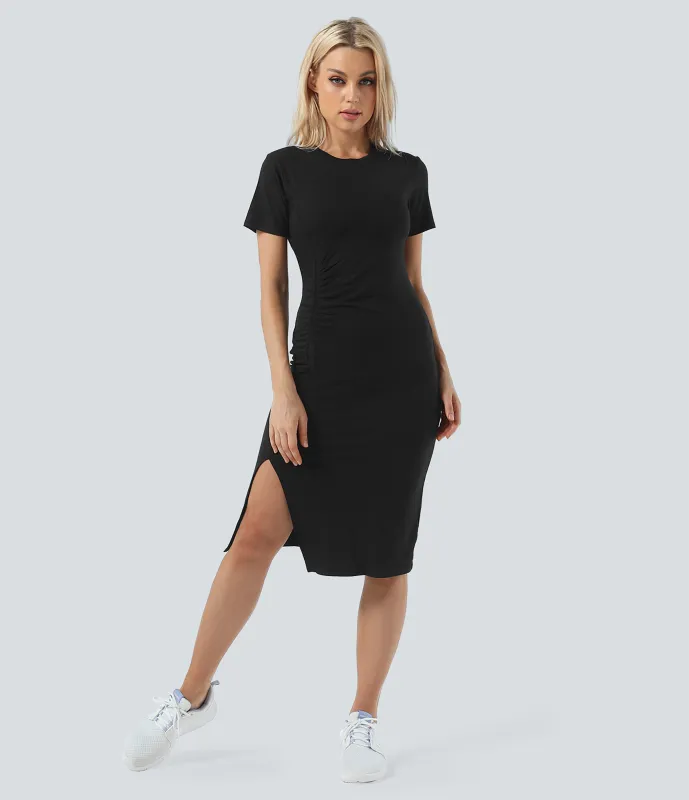 Halara Everyday Vestido Midi con abertura y fruncido -Wonder - Black - S made by Halara