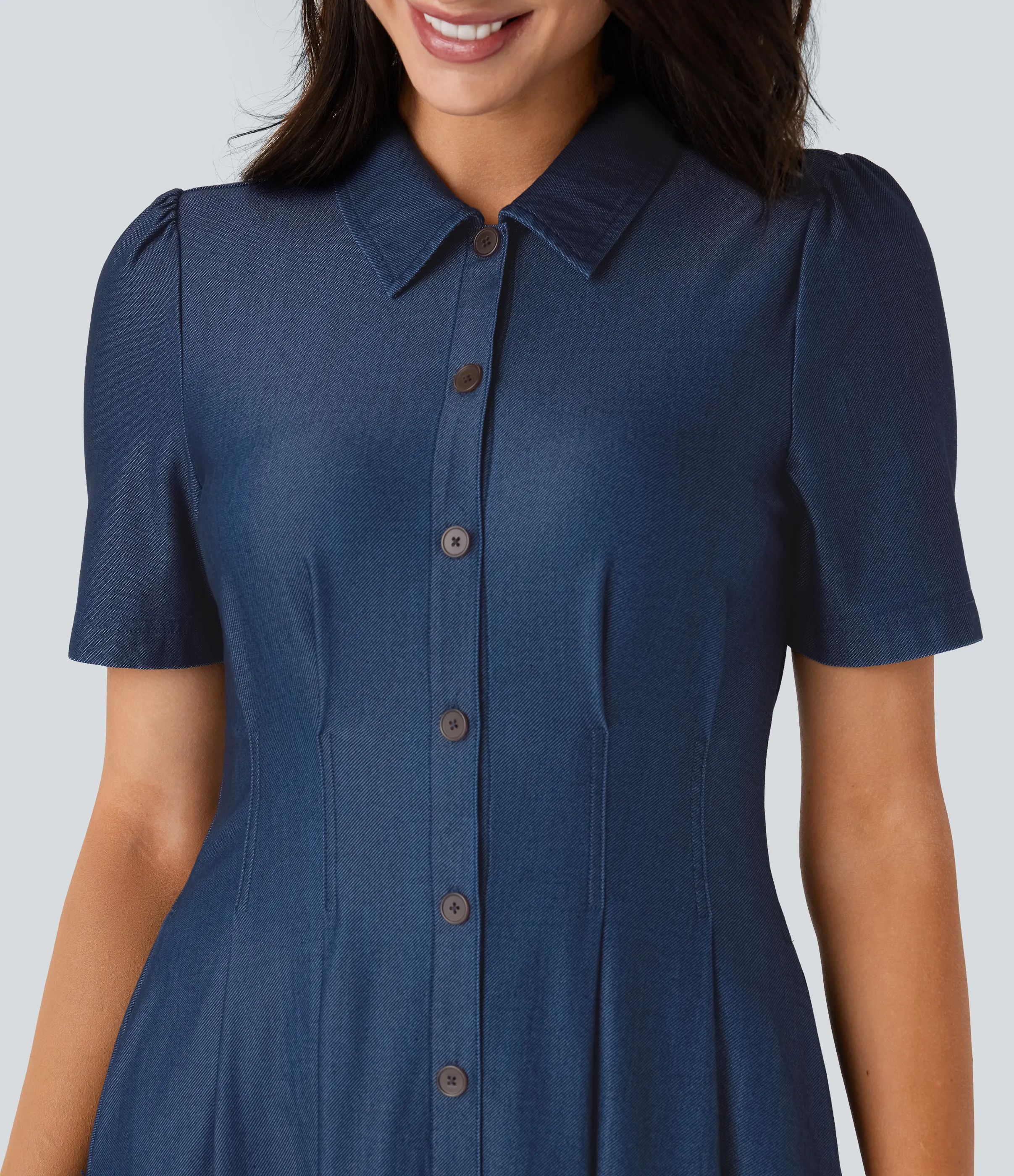 Halara Vestido midi Halara Flex™ Denim acampanado mezclilla elástico cuello manga corta botón bolsillo lateral - Deep Serenity Denim - S sold by Halara product image thumbnail 5