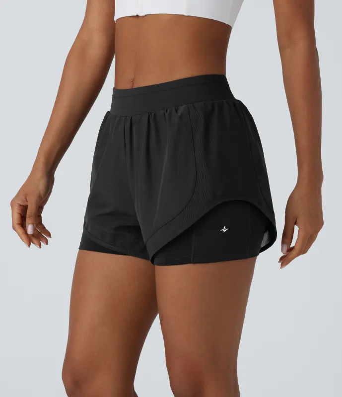 Halara Pantalón corto yoga 2 en 1 tiro medio bolsillo lateral malla contrastante dobladillo curvo 7.5 cm - Black - XS sold by Halara