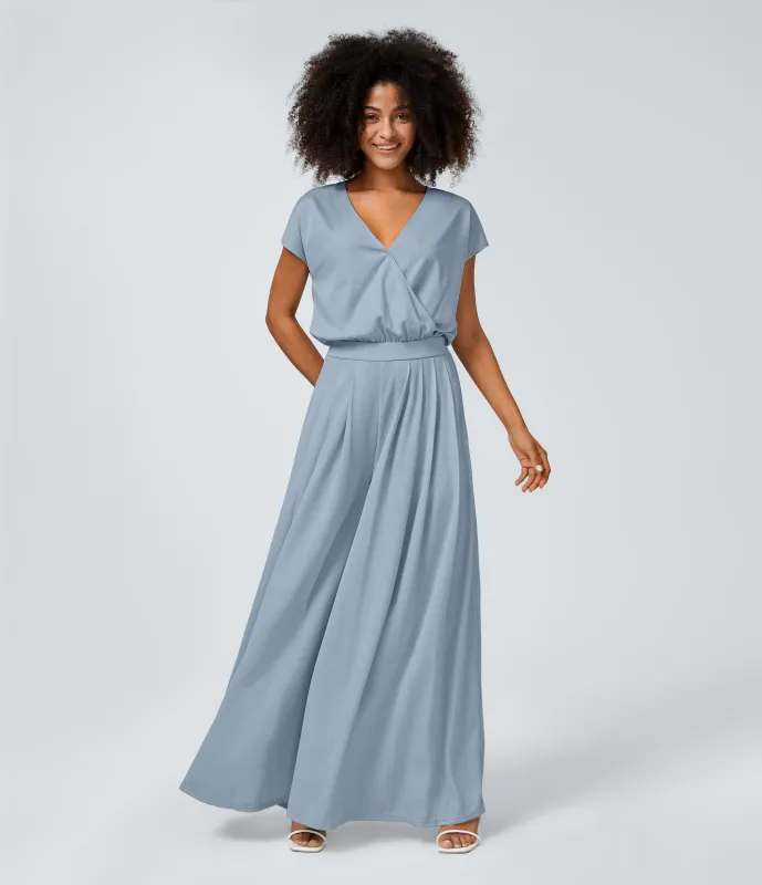 Halara Mono cuello V manga corta bolsillo lateral plisado pierna ancha - Quiet Blue - L(regular) made by Halara