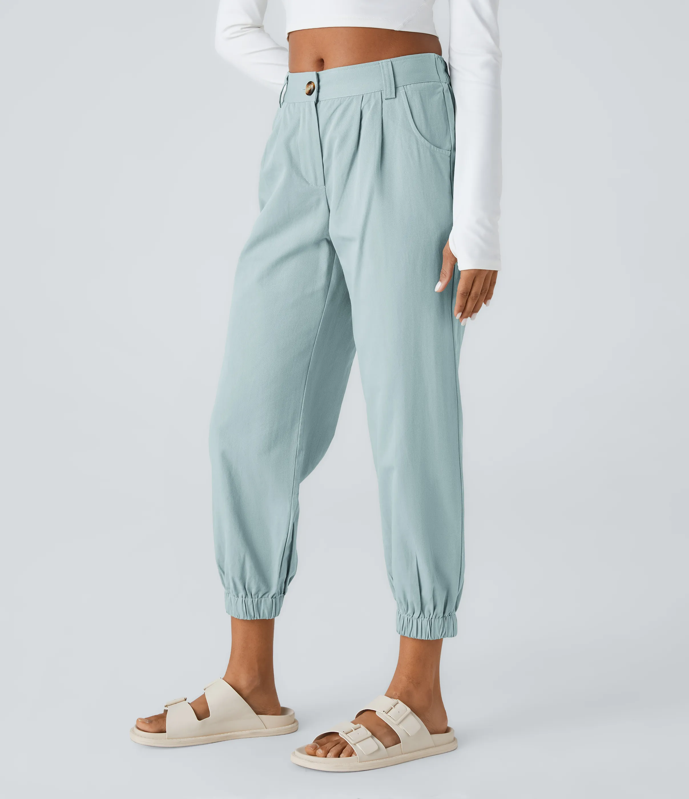 Halara Joggers algodón bolsillo lateral cremallera botón tiro medio - Ether - L(petite) sold by Halara product image thumbnail 4