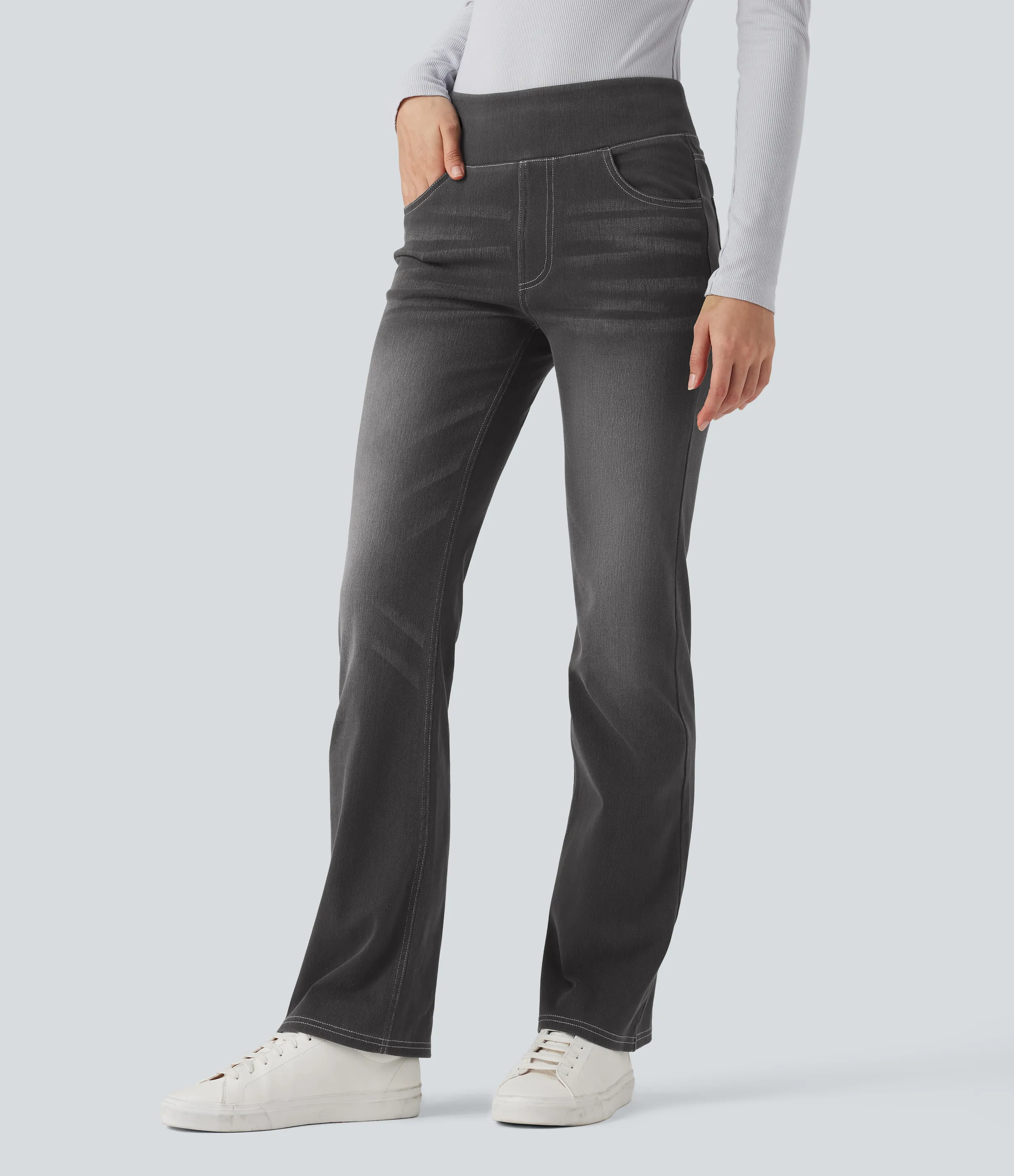 Halara Jeans Halara Flex™ Denim tiro alto lavado elástico múltiple bolsillo corte acampanado - Charcoal Black Denim - S(regular) sold by Halara product image thumbnail 4