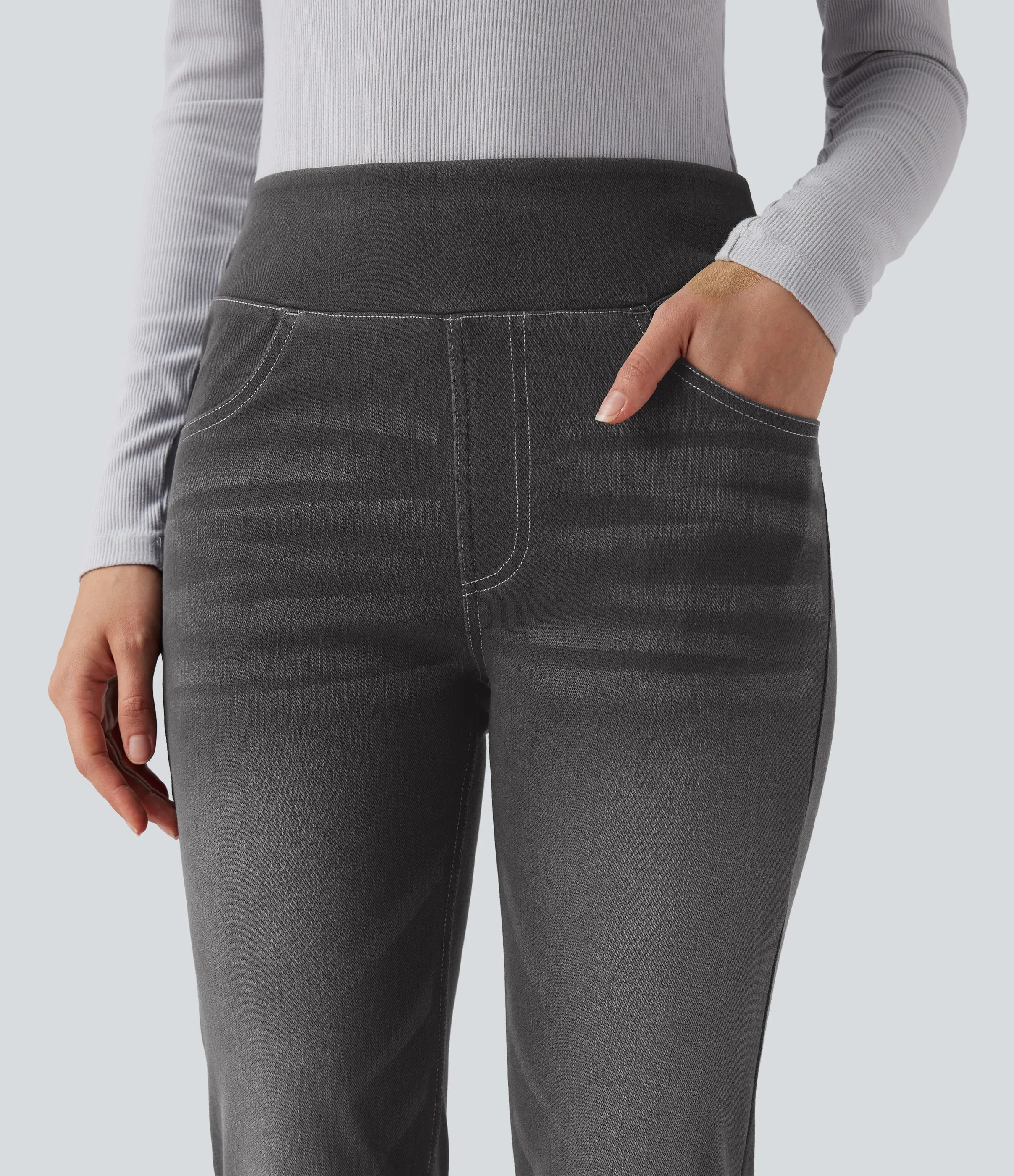 Halara Jeans Halara Flex™ Denim tiro alto lavado elástico múltiple bolsillo corte acampanado - Charcoal Black Denim - S(regular) sold by Halara product image thumbnail 5