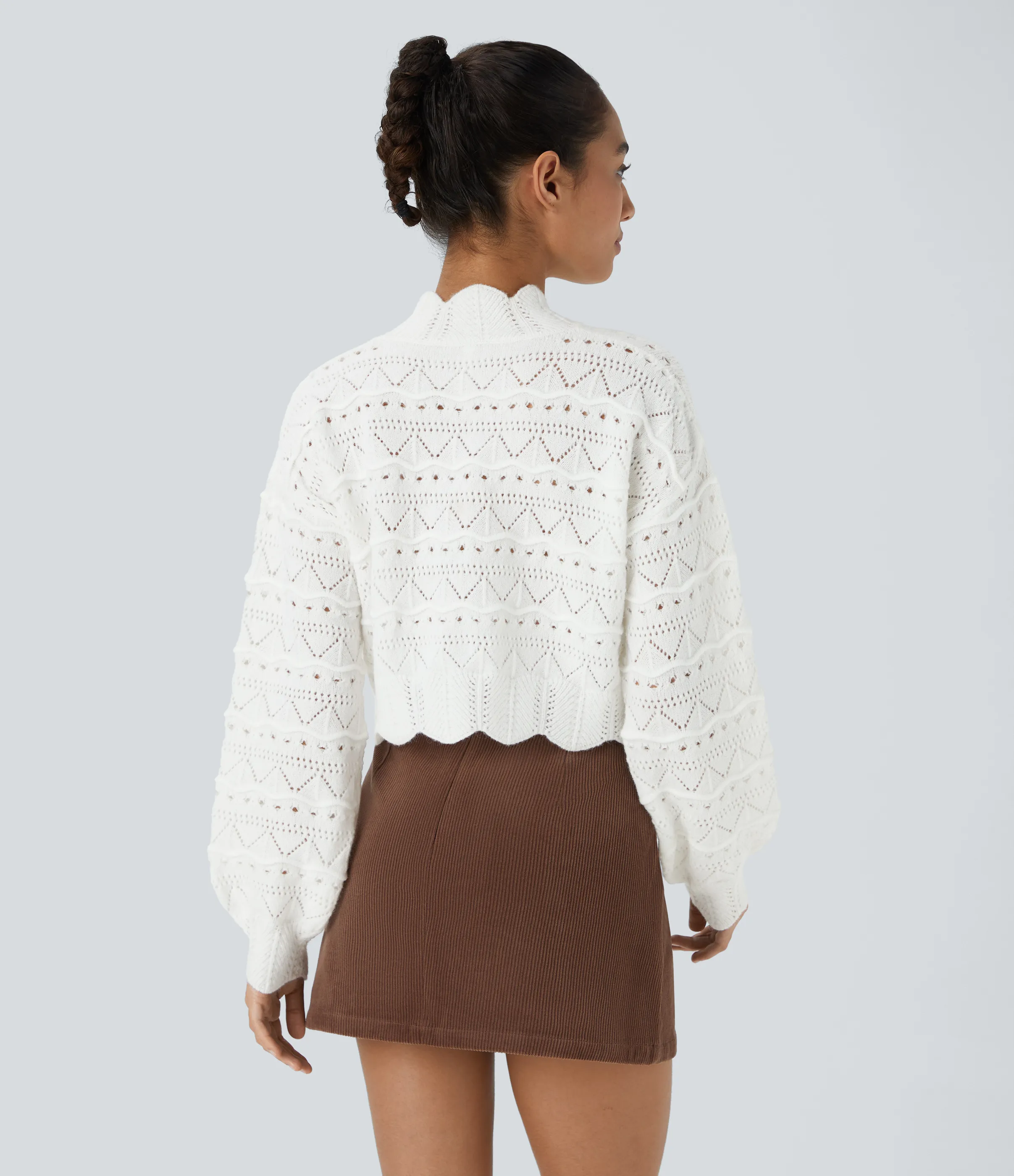 Halara Suéter abierto dobladillo festoneado manga obispo cuello alto - White - M sold by Halara product image thumbnail 3