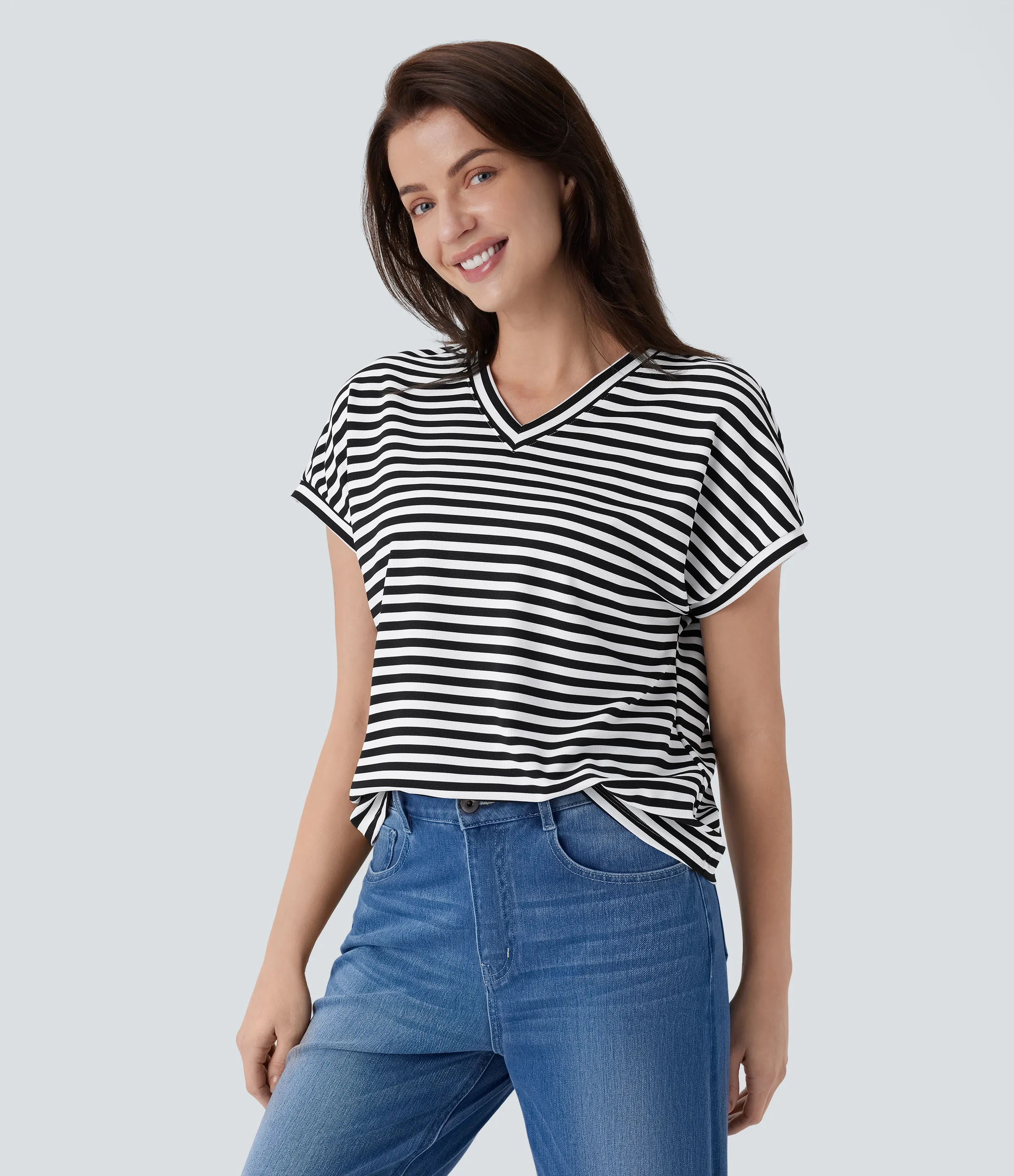 Halara Camiseta oficina relajada rayas cuello V - Black White Horizontal Stripe - L sold by Halara