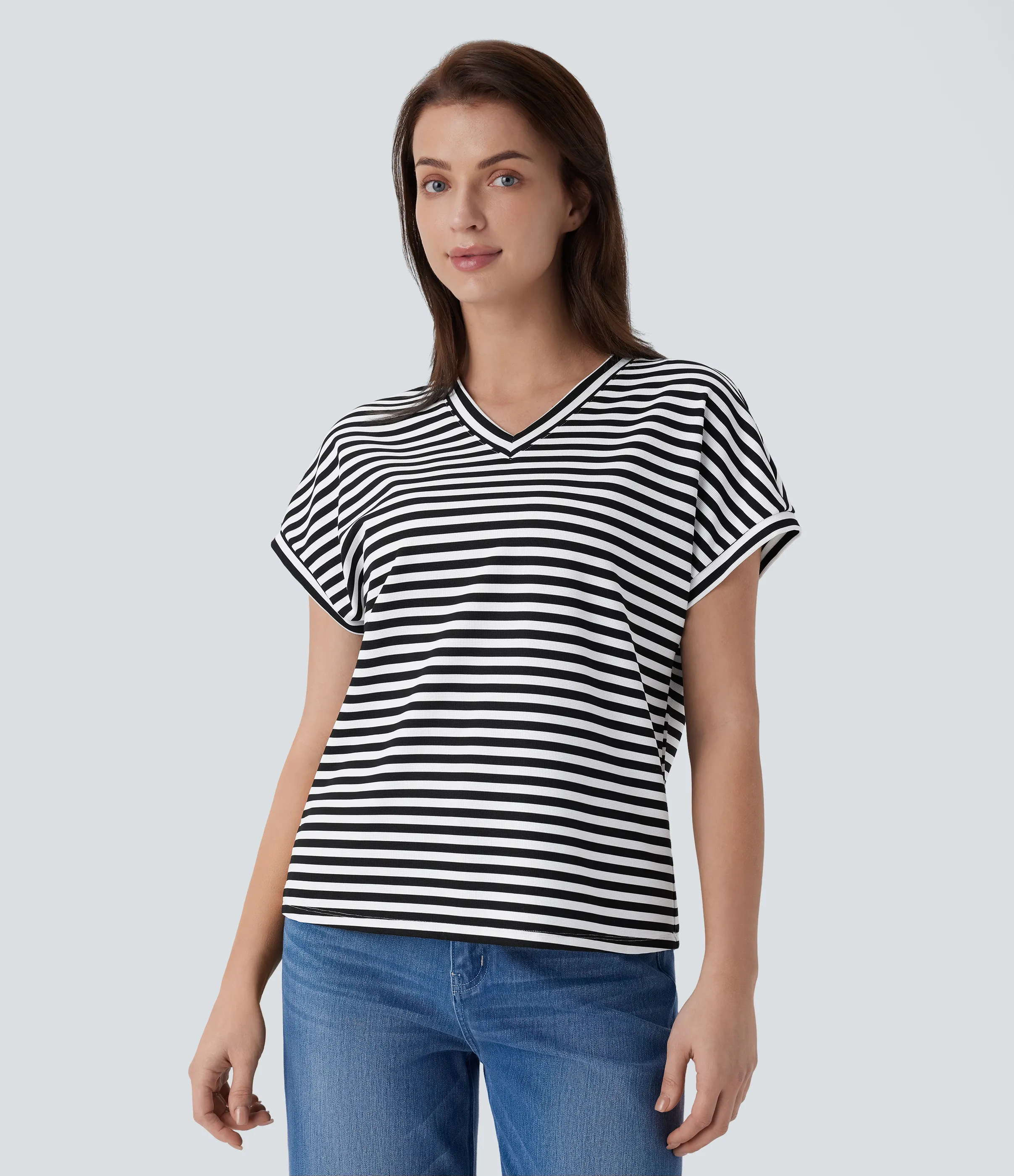 Halara Camiseta oficina relajada rayas cuello V - Black White Horizontal Stripe - L sold by Halara product image thumbnail 4
