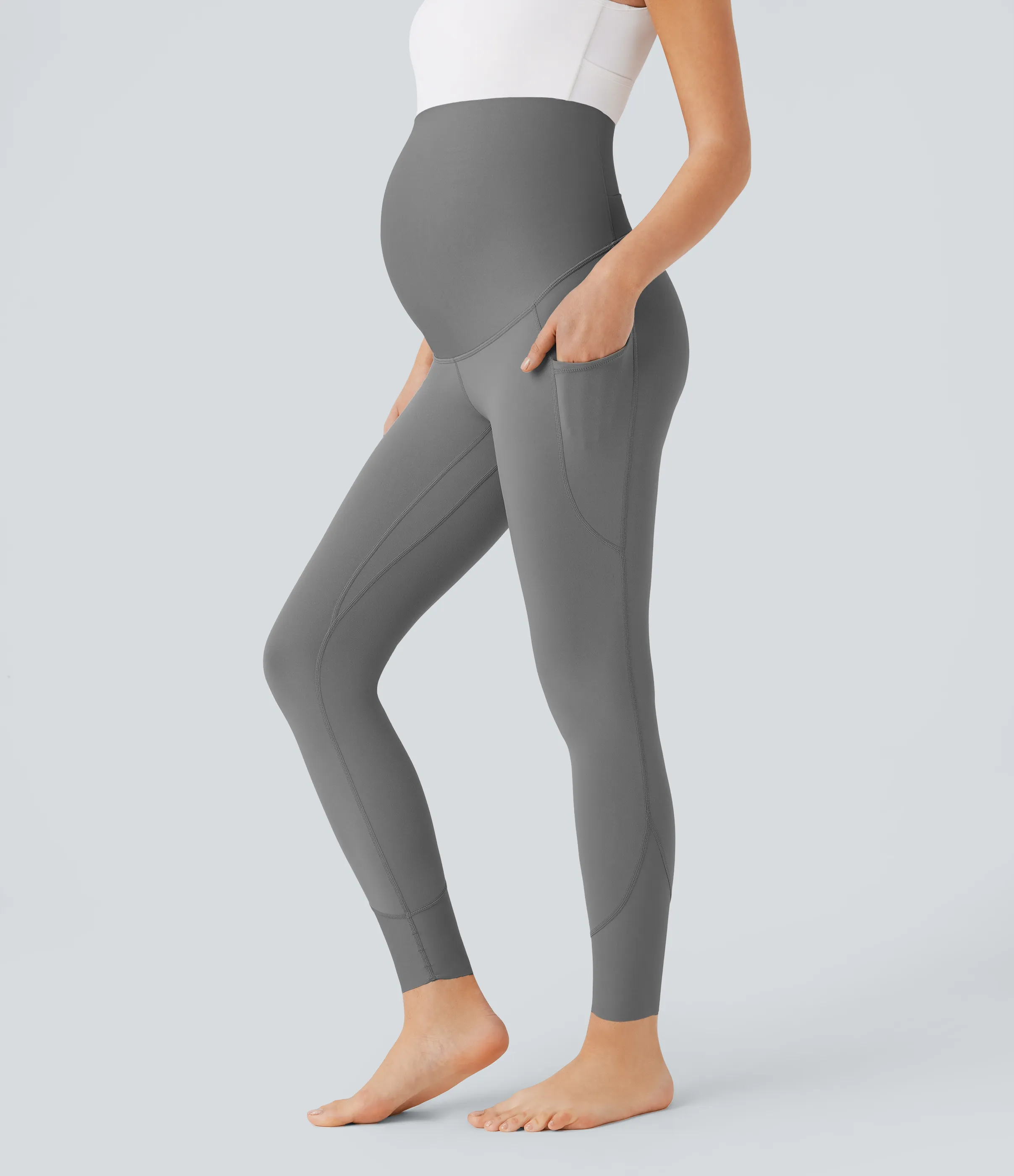Halara Leggings premamá Softlyzero™ yoga tiro súper alto bolsillo lateral cruzado espalda 7/8 - UPF 50+ - Steel Gray - L(7/8) sold by Halara
