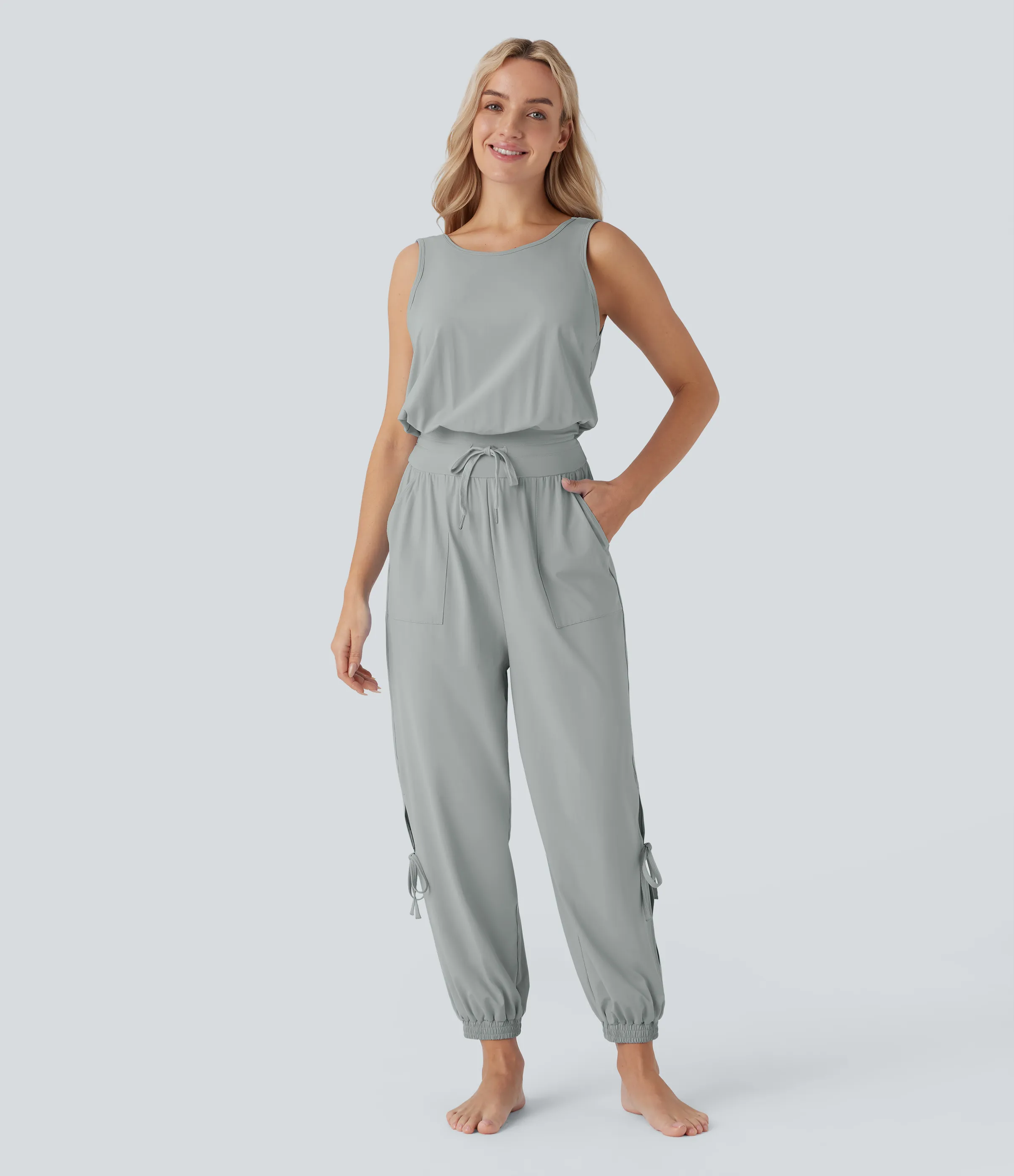 Halara Jumpsuit de yoga sin mangas con espalda descubierta, cordón ajustable y bolsillos laterales de tacto fresco - UPF50+ - Mirage Gray - L(regular) sold by Halara product image thumbnail 3