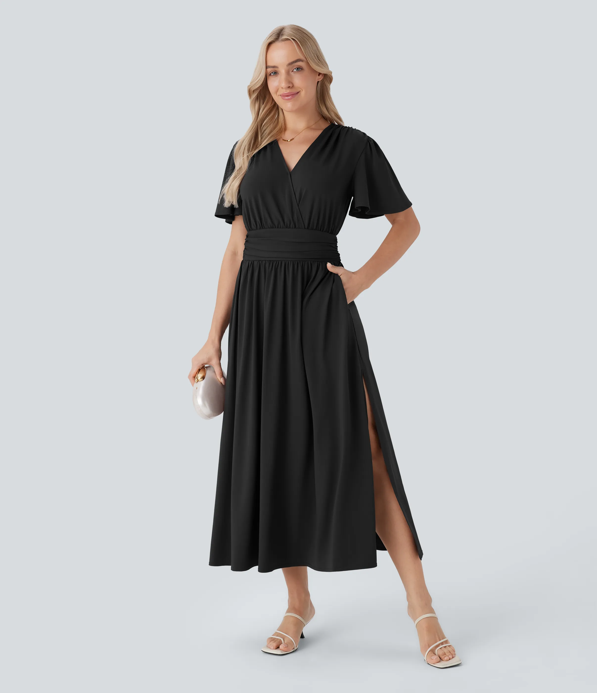 Halara Vestido midi holgado cuello V manga corta drapeado abertura resort - Black - L sold by Halara