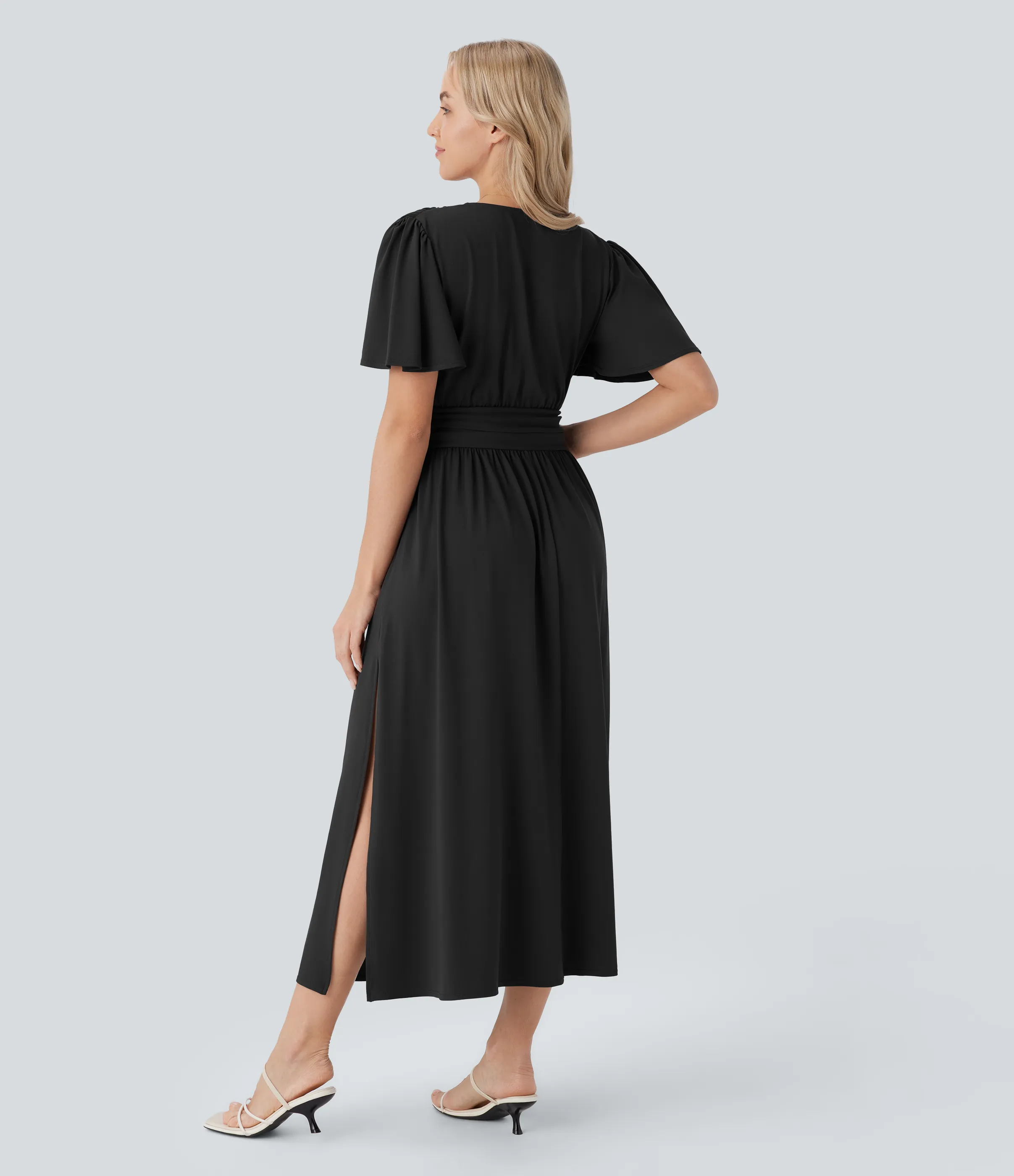 Halara Vestido midi holgado cuello V manga corta drapeado abertura resort - Black - L sold by Halara product image thumbnail 3