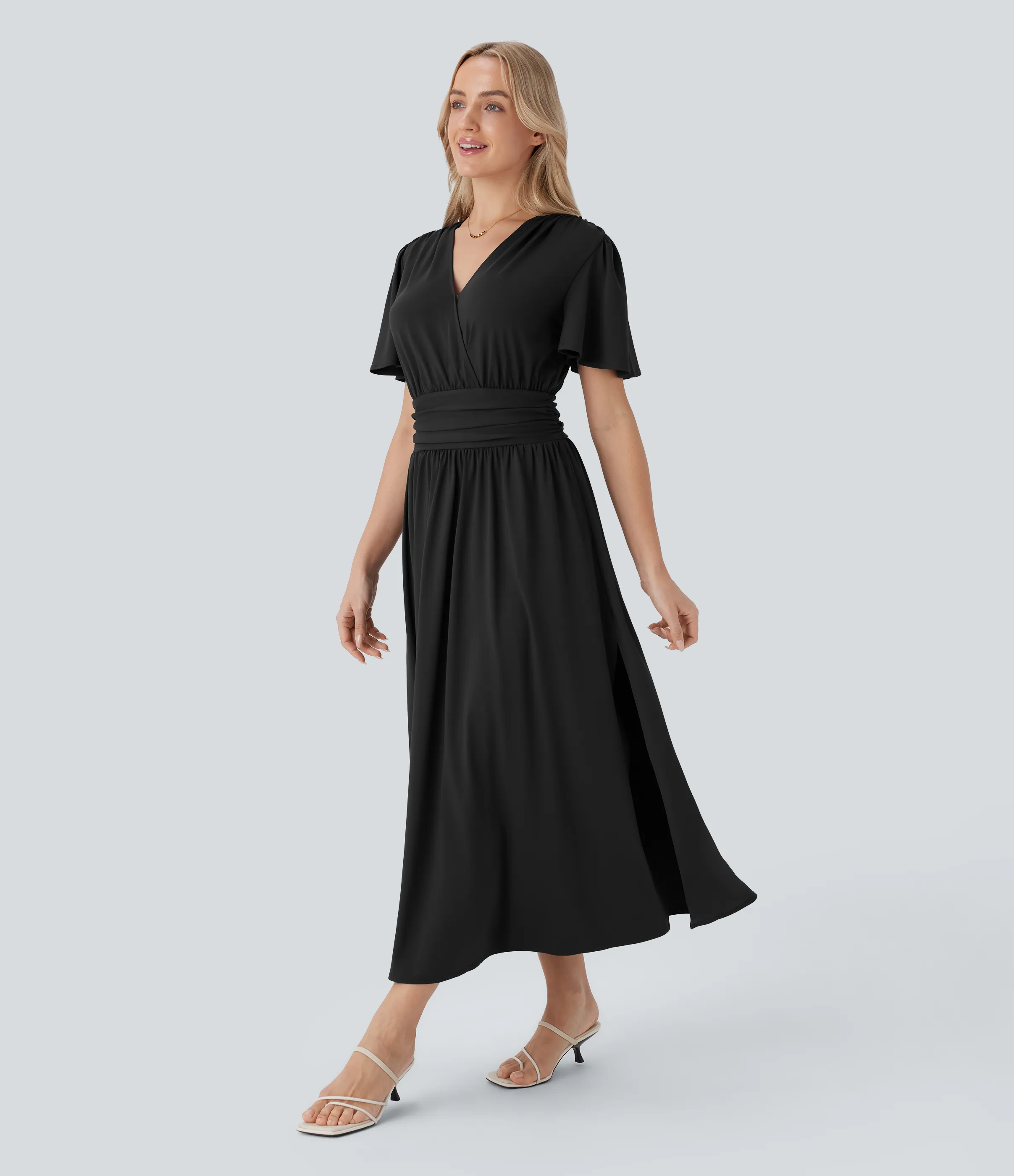 Halara Vestido midi holgado cuello V manga corta drapeado abertura resort - Black - L sold by Halara product image thumbnail 4