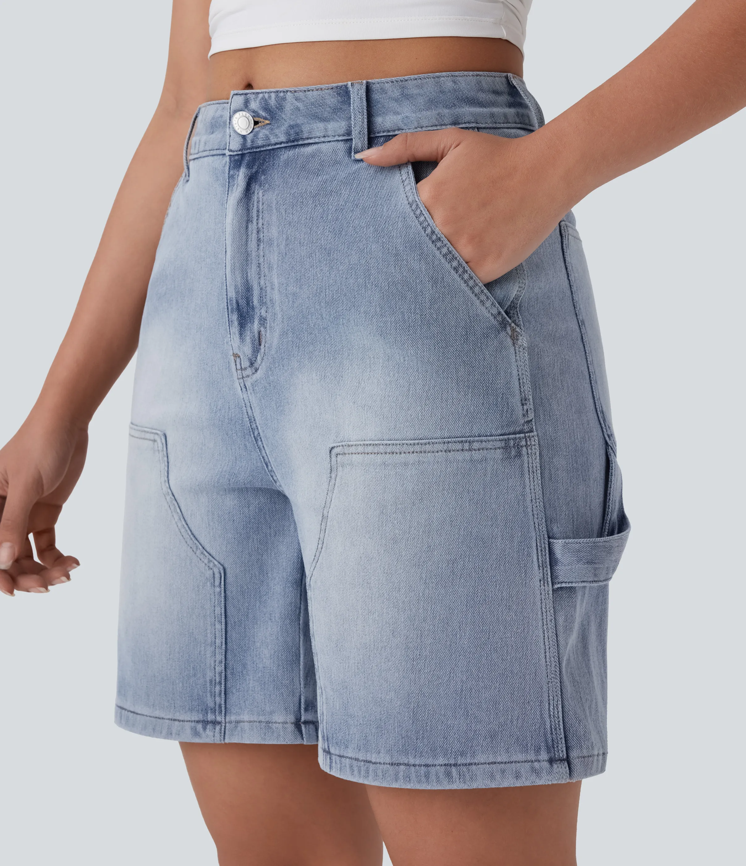 Halara Bermudas Halara Flex™ Denim mezclilla elástica lavada múltiple bolsillo tiro medio - Soft Blue Denim - L(regular) sold by Halara product image thumbnail 5