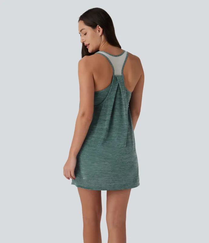 Halara Minivestido deportivo de yoga de dos piezas con escote en U, espalda cruzada y malla en contraste, bolsillos laterales - Green Texture - M made by Halara