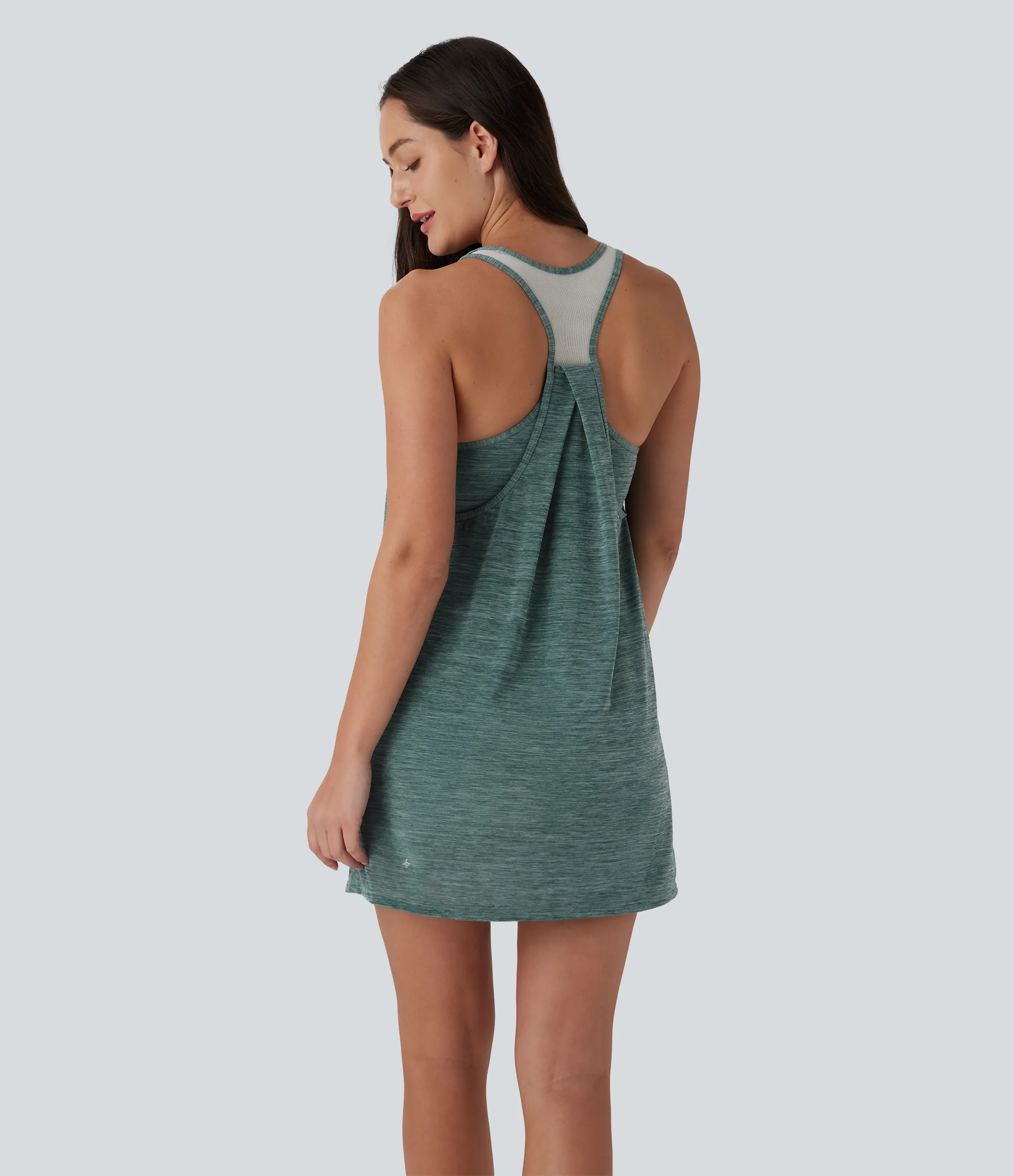 Halara Minivestido deportivo de yoga de dos piezas con escote en U, espalda cruzada y malla en contraste, bolsillos laterales - Green Texture - M sold by Halara