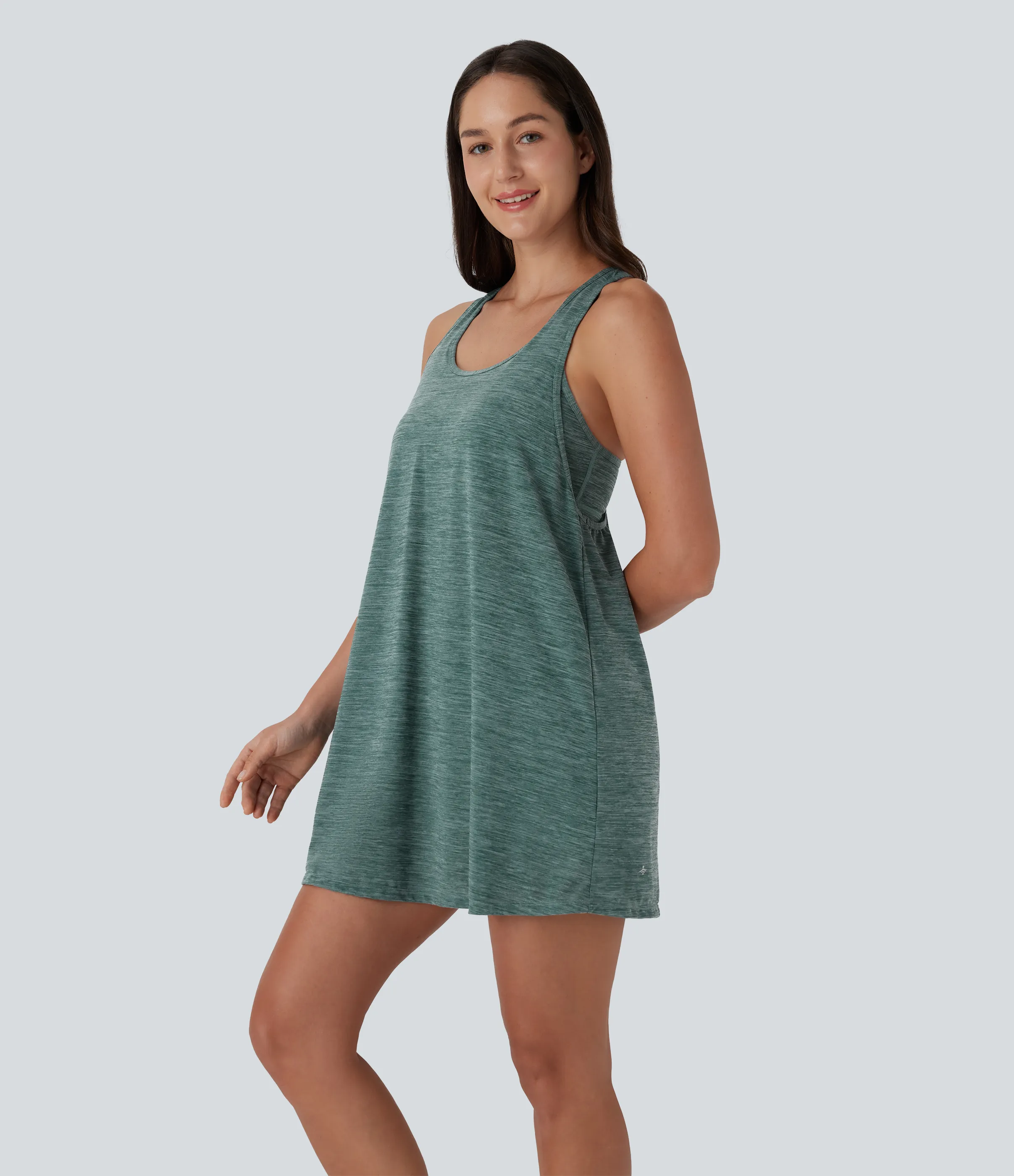 Halara Minivestido deportivo de yoga de dos piezas con escote en U, espalda cruzada y malla en contraste, bolsillos laterales - Green Texture - M sold by Halara product image thumbnail 4