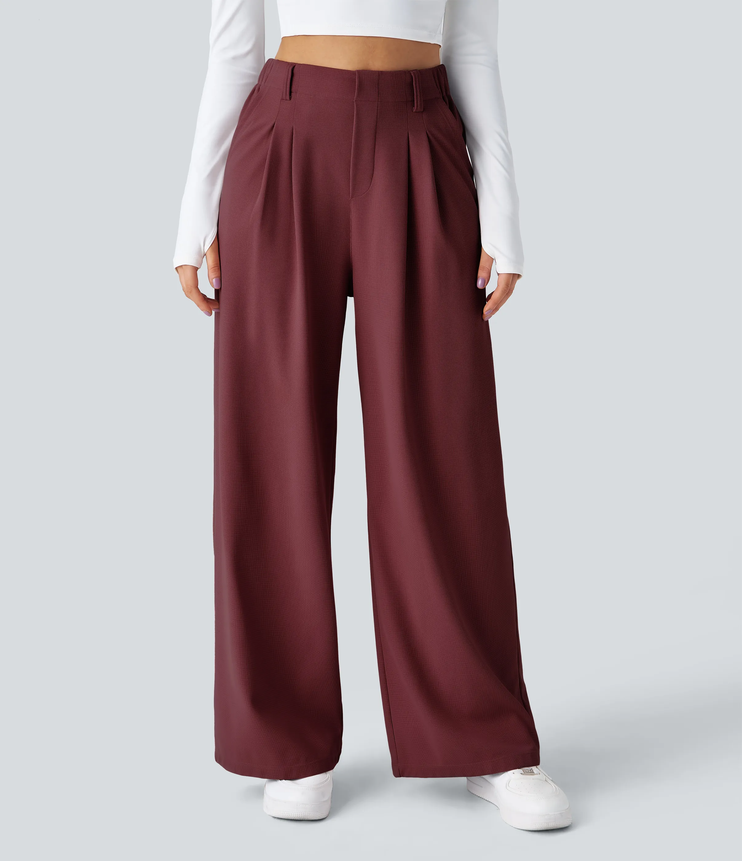 Halara Pantalones Halara Flex™ de oficina anchos plisados de tiro alto con bolsillos en tela tipo gofre - New Maroon - L(regular) sold by Halara product image thumbnail 4