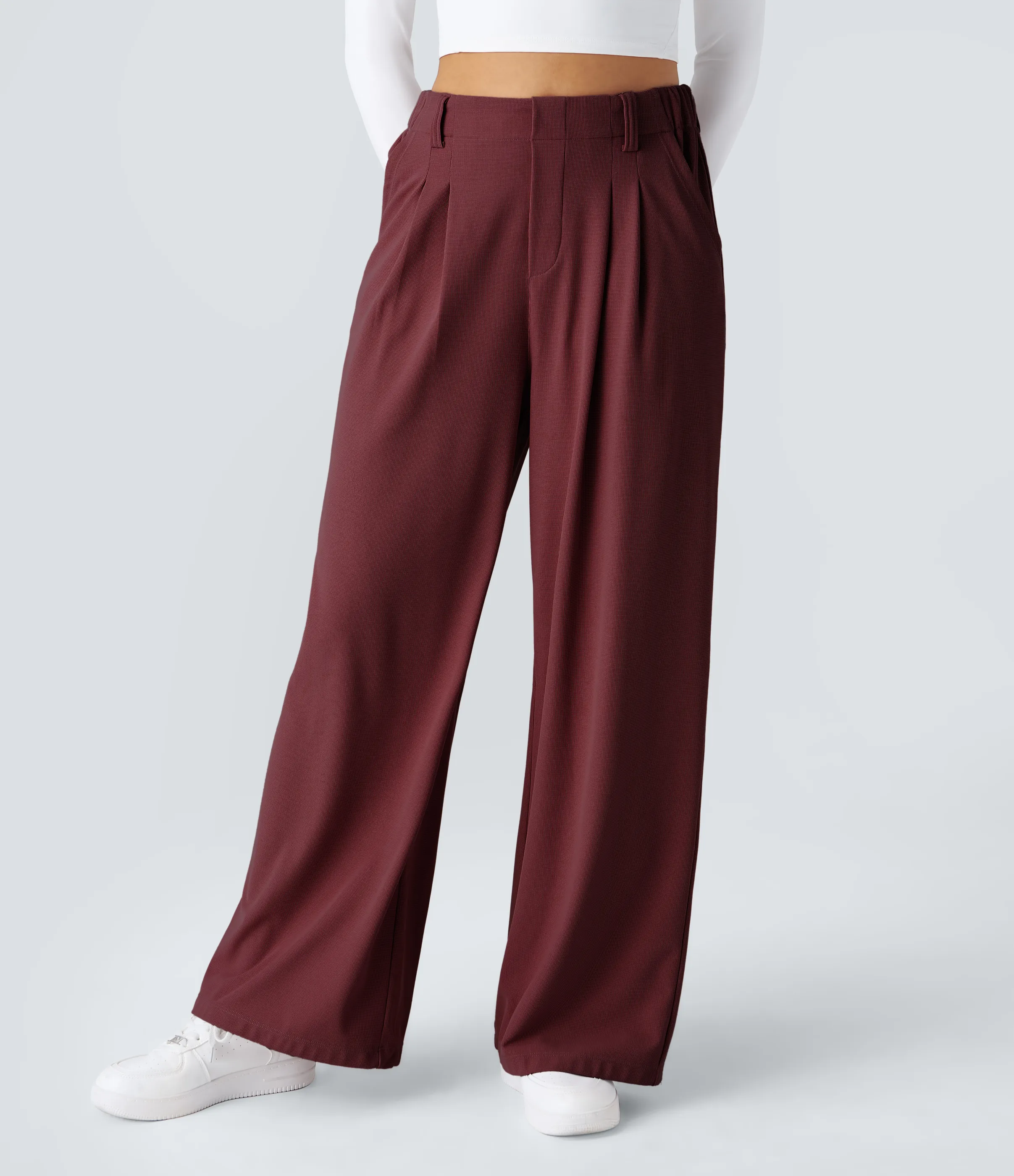 Halara Pantalones Halara Flex™ de oficina anchos plisados de tiro alto con bolsillos en tela tipo gofre - New Maroon - L(regular) sold by Halara product image thumbnail 5