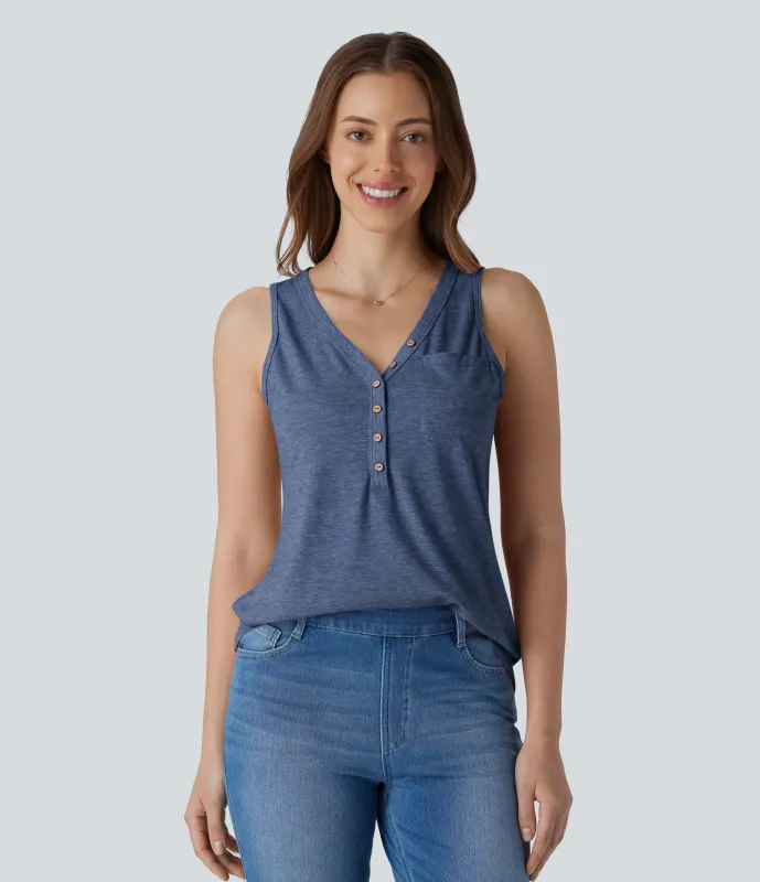 Halara Blusa sin mangas cuello V botón decorativo - Mottled Indigo - M made by Halara