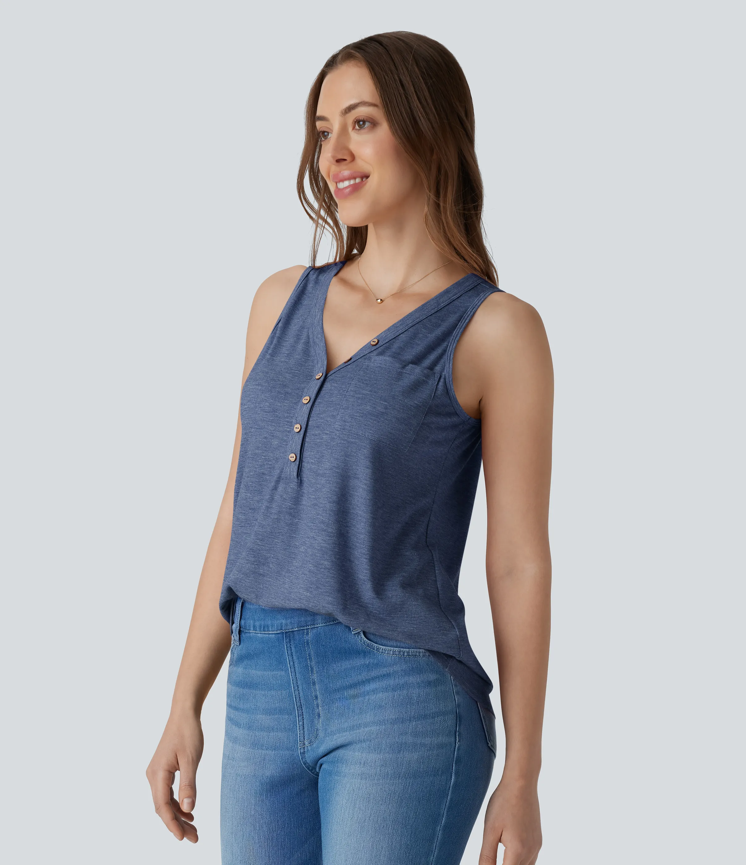 Halara Blusa sin mangas cuello V botón decorativo - Mottled Indigo - M sold by Halara product image thumbnail 4