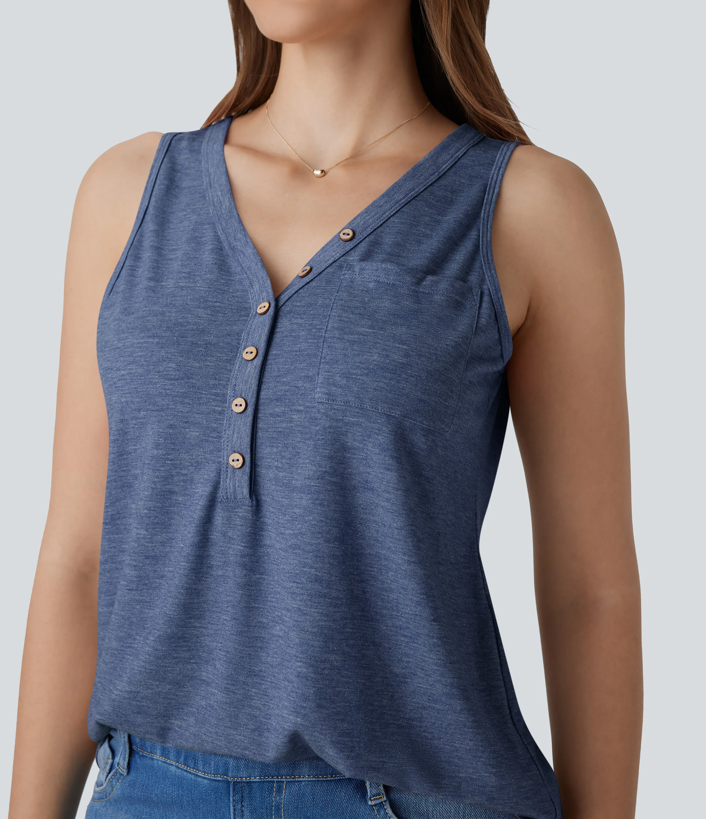 Halara Blusa sin mangas cuello V botón decorativo - Mottled Indigo - M sold by Halara product image thumbnail 5