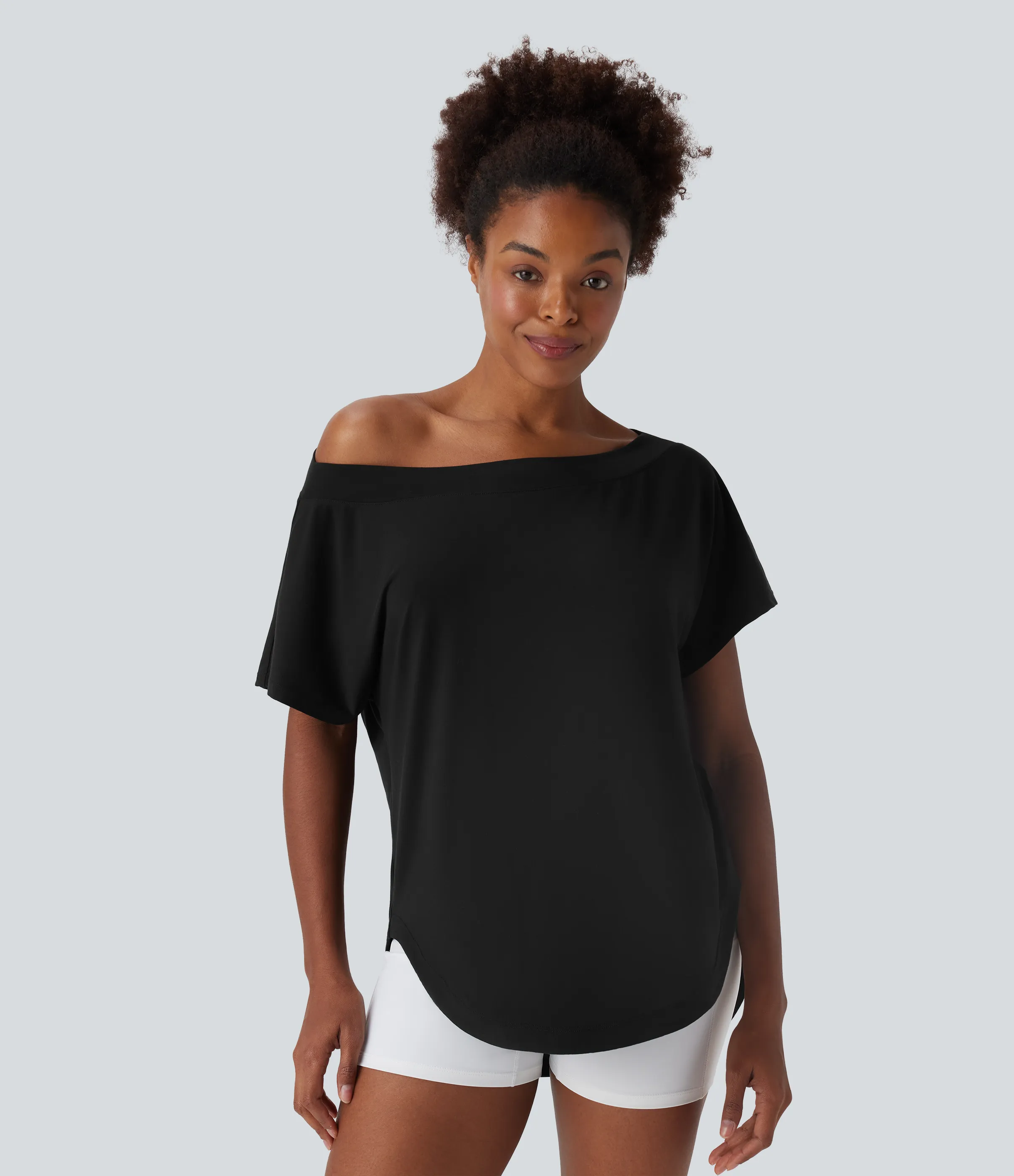 Halara Top deportivo de yoga de manga corta con secado rápido y hombro descubierto con dobladillo curvo - Black - L sold by Halara product image thumbnail 2