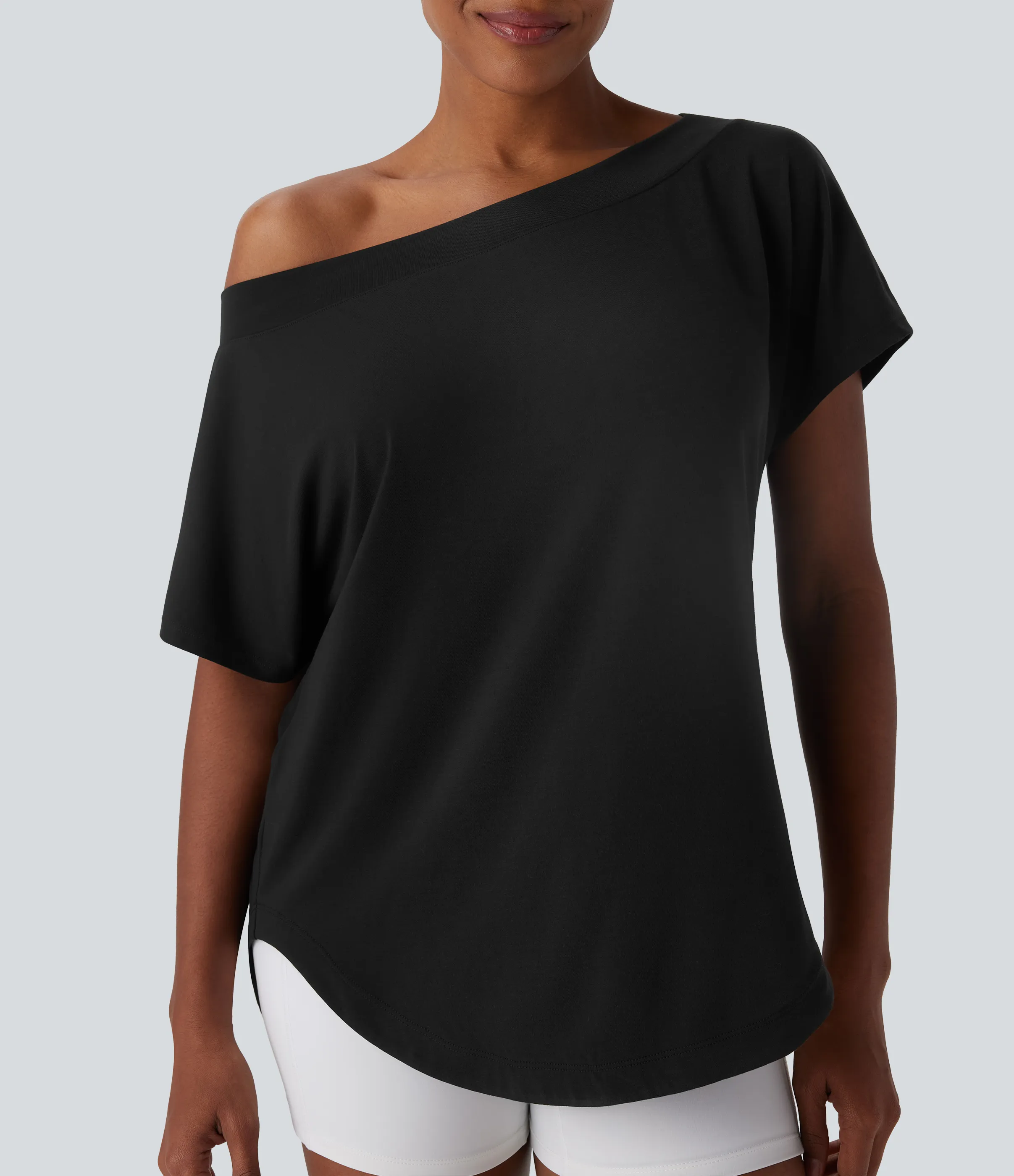 Halara Top deportivo de yoga de manga corta con secado rápido y hombro descubierto con dobladillo curvo - Black - L sold by Halara product image thumbnail 5