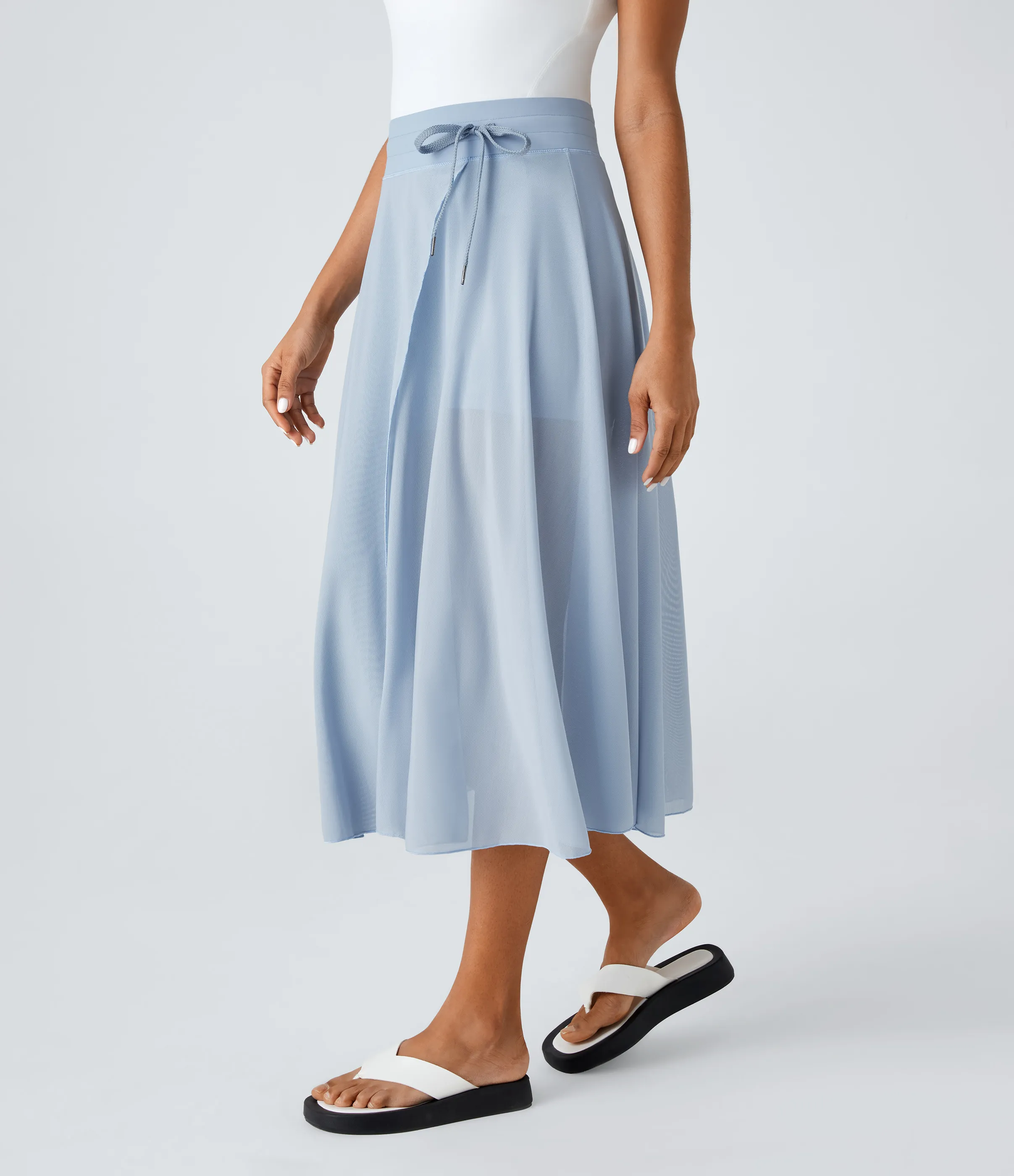 Halara Falda midi casual 2 en 1 acampanada con bolsillo lateral de tiro alto con cordón y malla en contraste - Thin Ice Blue - XS sold by Halara product image thumbnail 4