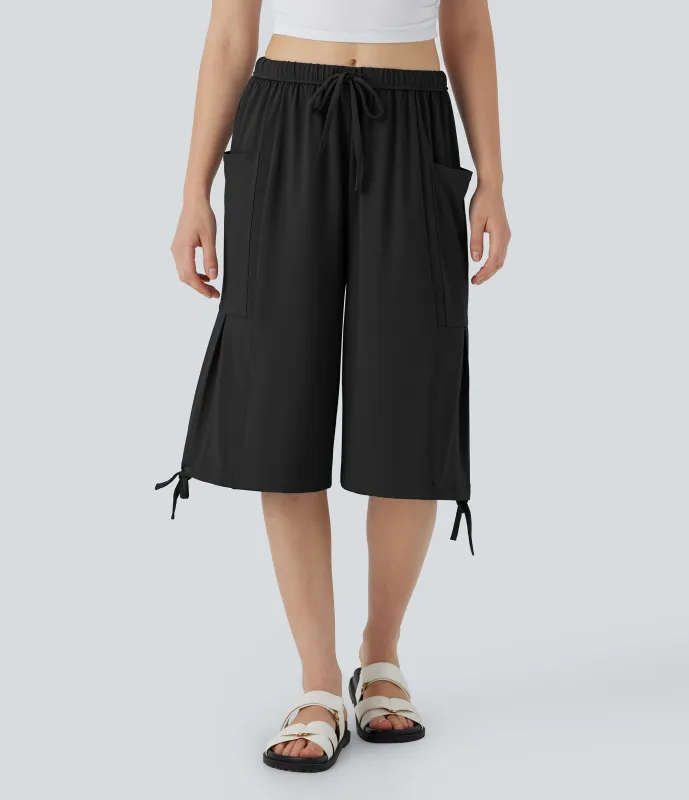 Halara Pantalón tiro medio cordón bolsillo lateral palazzo holgado pierna ancha efecto pedal - Black - S(regular) sold by Halara