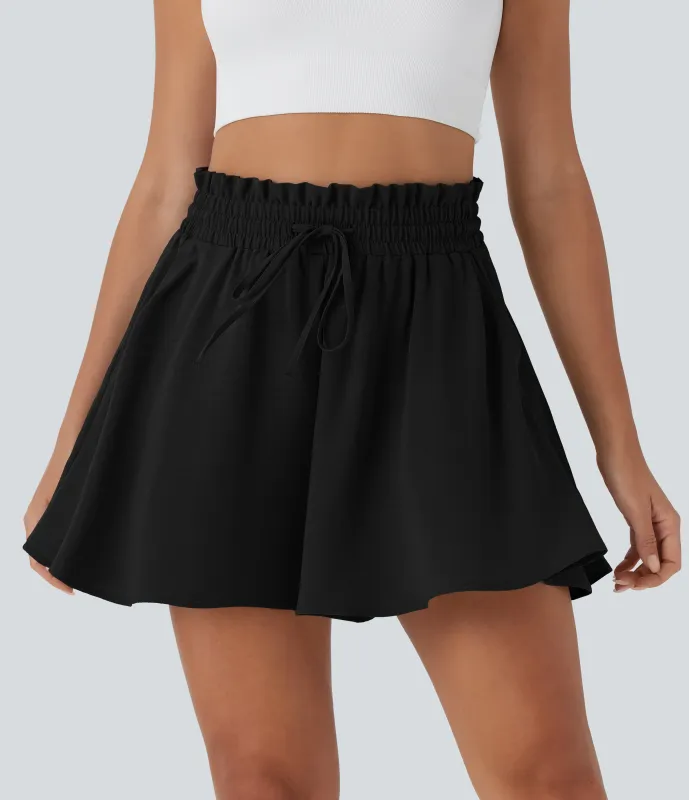 Halara Pantalón corto lino tiro alto bolsillo lateral cordón ajustable pierna ancha - Black - M made by Halara