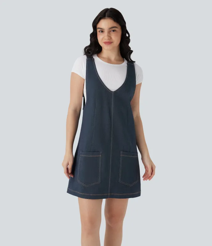 Halara Minivestido casual estilo vaquero con cuello en V y bolsillos laterales - Denim Deep Sea Blue - XS made by Halara