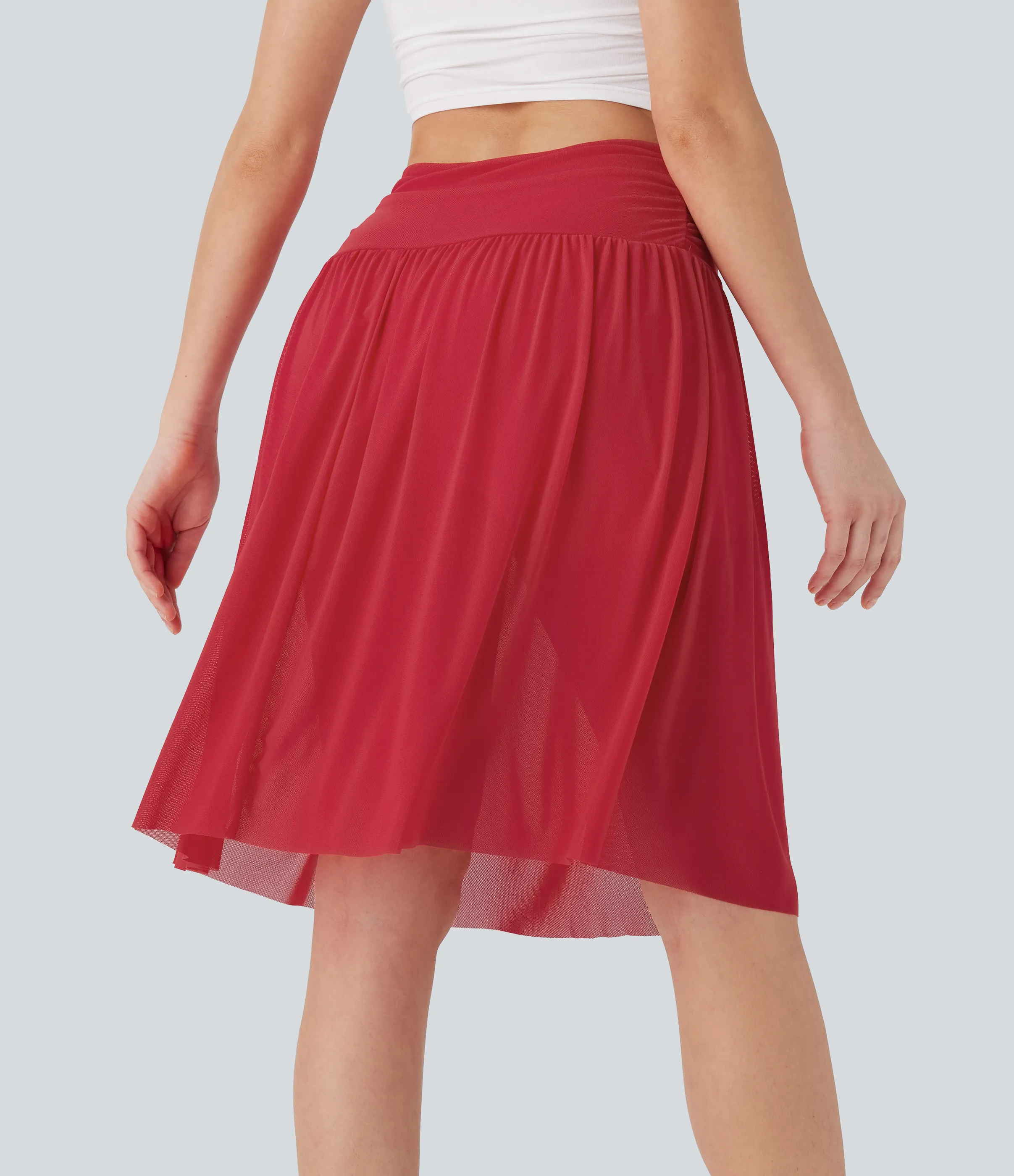 Halara Falda midi casual 2 en 1 holgada de tiro alto fruncido con malla en contraste y bolsillos laterales - Ribbon Red - S(regular) sold by Halara product image thumbnail 3