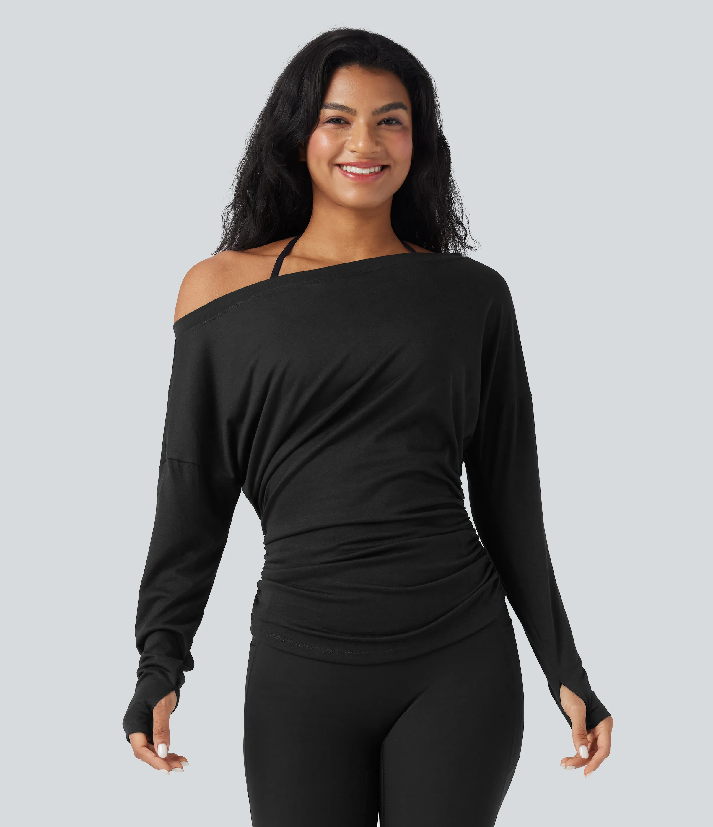 Halara Top deportivo de yoga fruncido con manga larga y un solo hombro con abertura para el pulgar - Black - L sold by Halara product image thumbnail 4