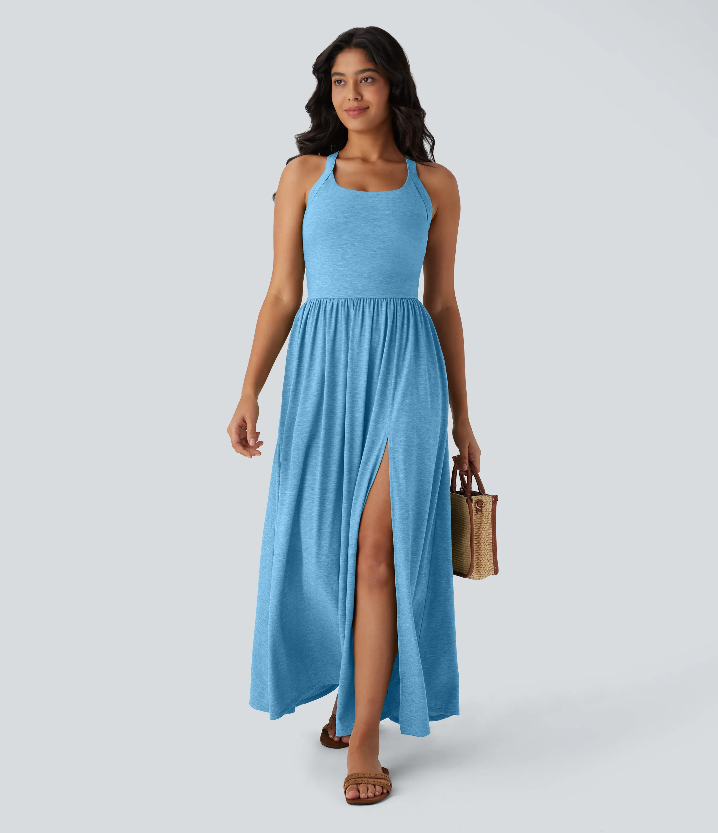 Halara Vestido largo playero fluido con abertura y bolsillos laterales y espalda abierta cruzada - Clear Coast Blue - S sold by Halara product image thumbnail 3