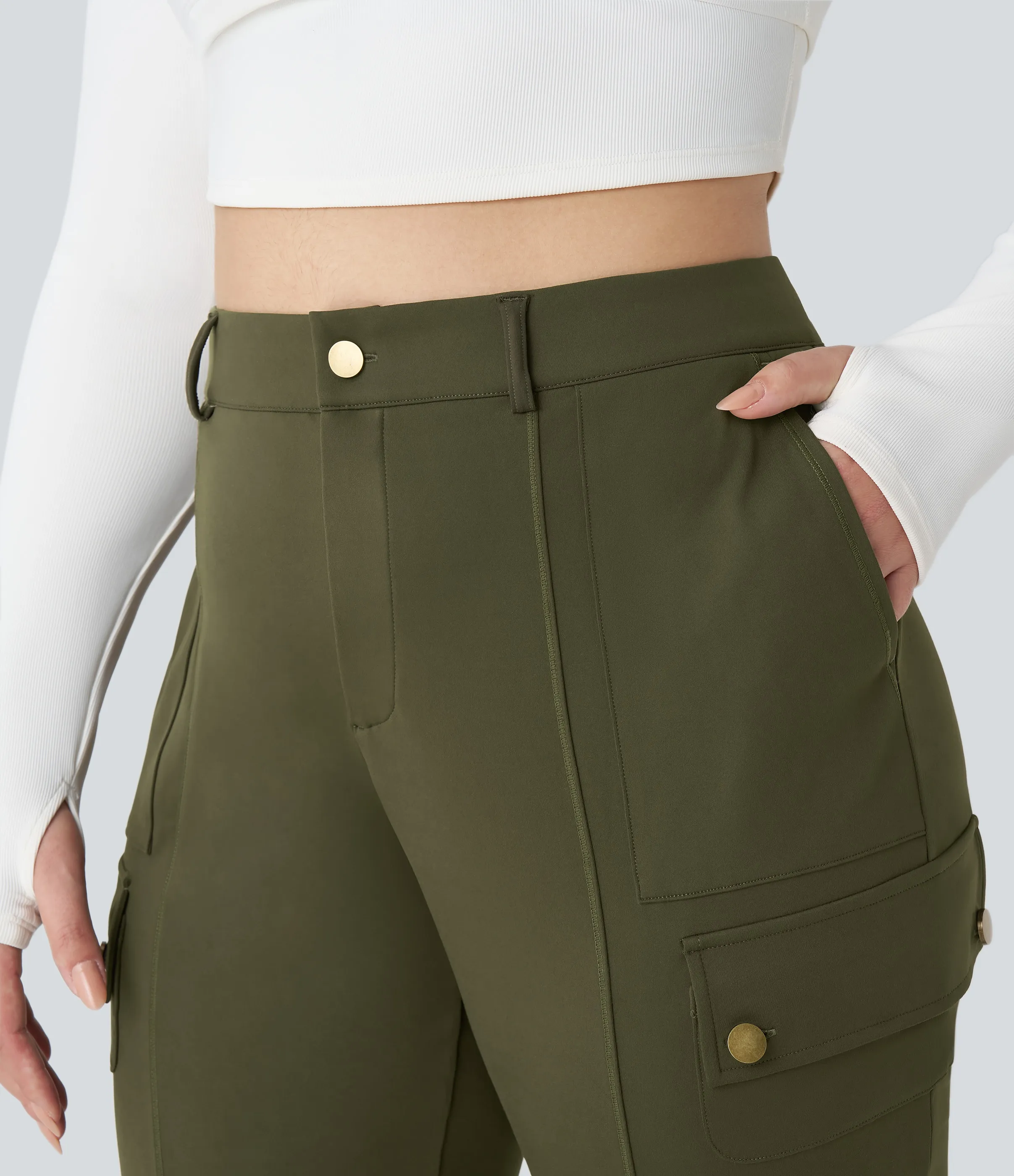 Halara Pantalón cargo tiro alto botón cremallera múltiple bolsillo liso delgado senderismo talla grande - Forest Night - 2X(regular) sold by Halara product image thumbnail 5