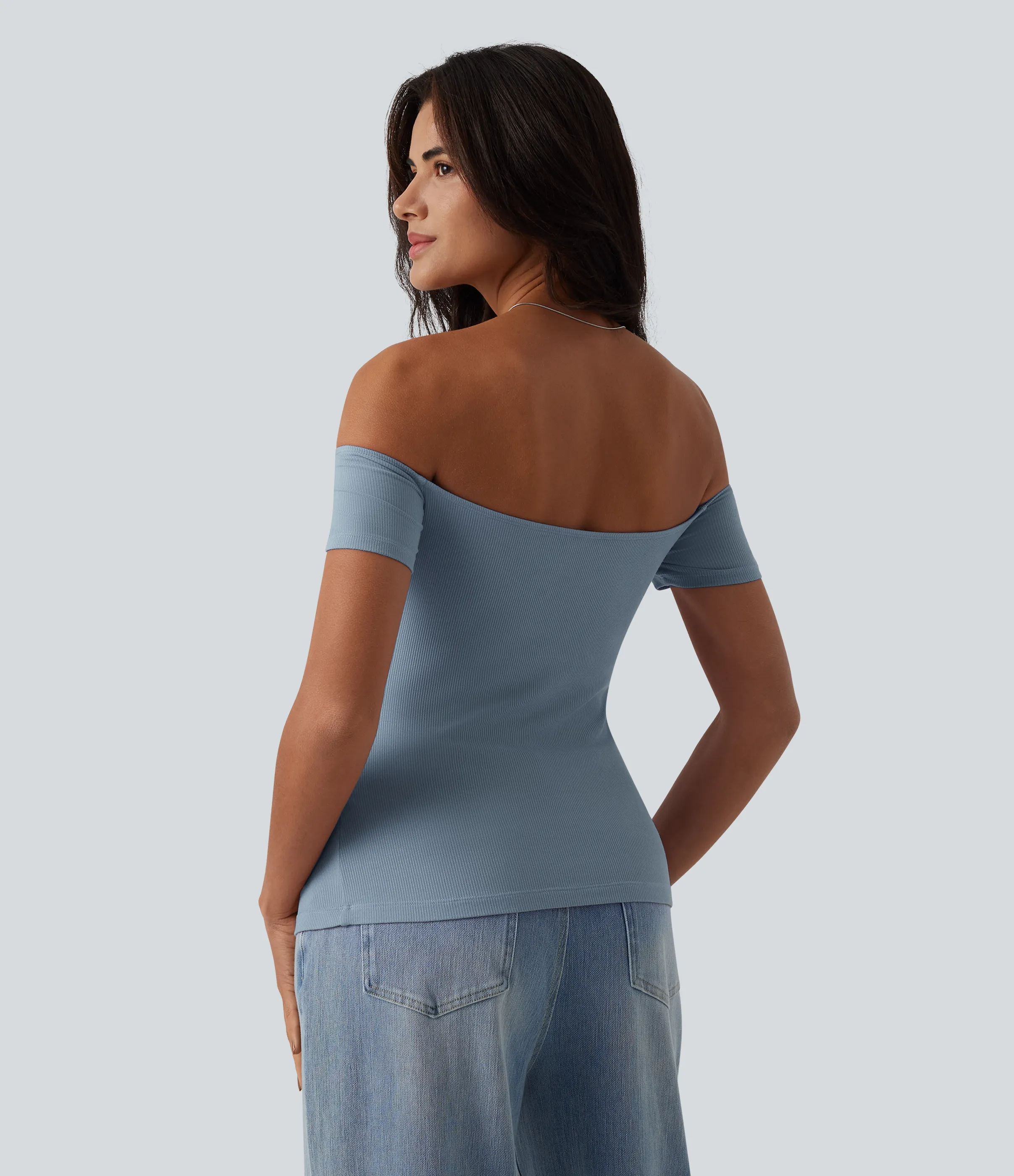 Halara Top informal 2 en 1 de punto acanalado con hombros descubiertos de manga corta y espalda descubierta - Dusty Blue - M sold by Halara product image thumbnail 4