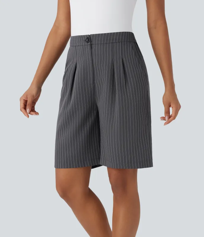 Halara Bermudas de oficina de tiro alto a rayas con bolsillos - Gray Pinstripe - XS sold by Halara