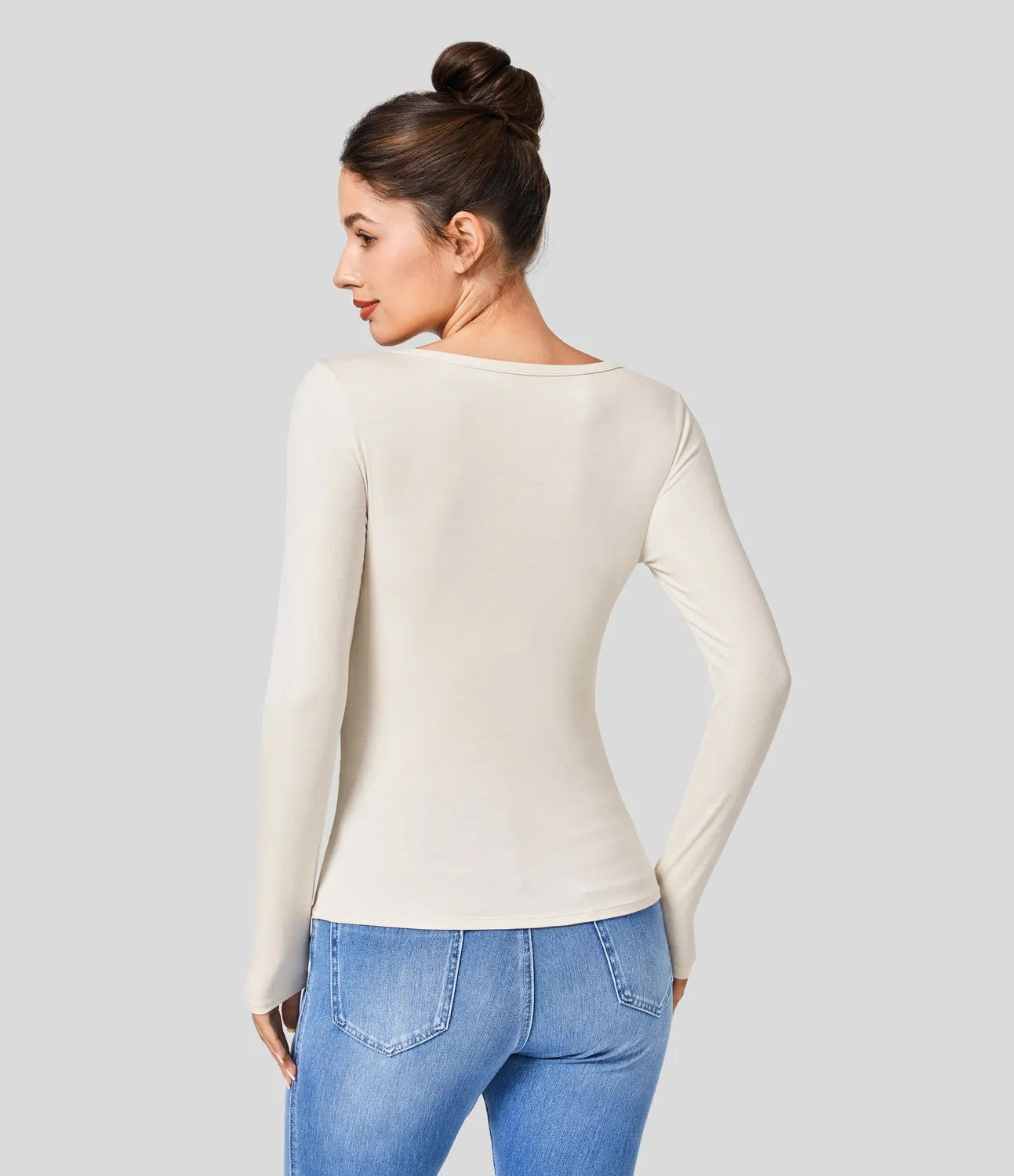Halara Top ajustado manga larga cuello Henley acanalado - Rice Khaki - S sold by Halara product image thumbnail 3